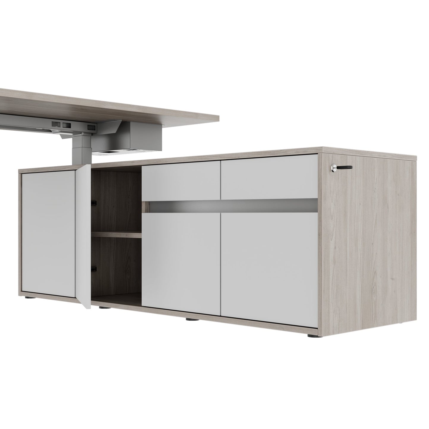 MOTION 2 motor desk with sideboard | Electrically height adjustable, 2000 x 1800 mm, gray northern oak