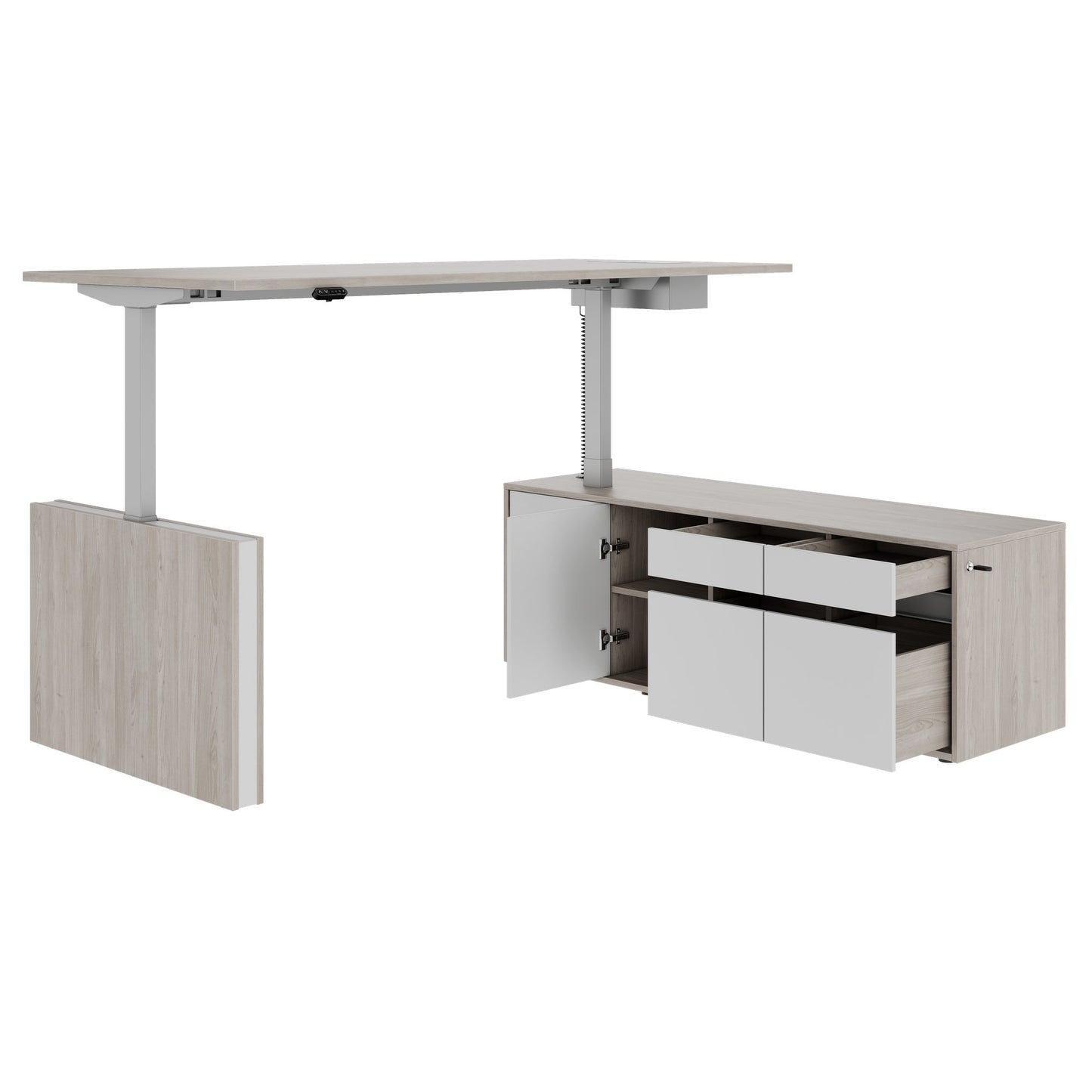 MOTION 2 motor desk with sideboard | Electrically height adjustable, 2000 x 1800 mm, gray northern oak