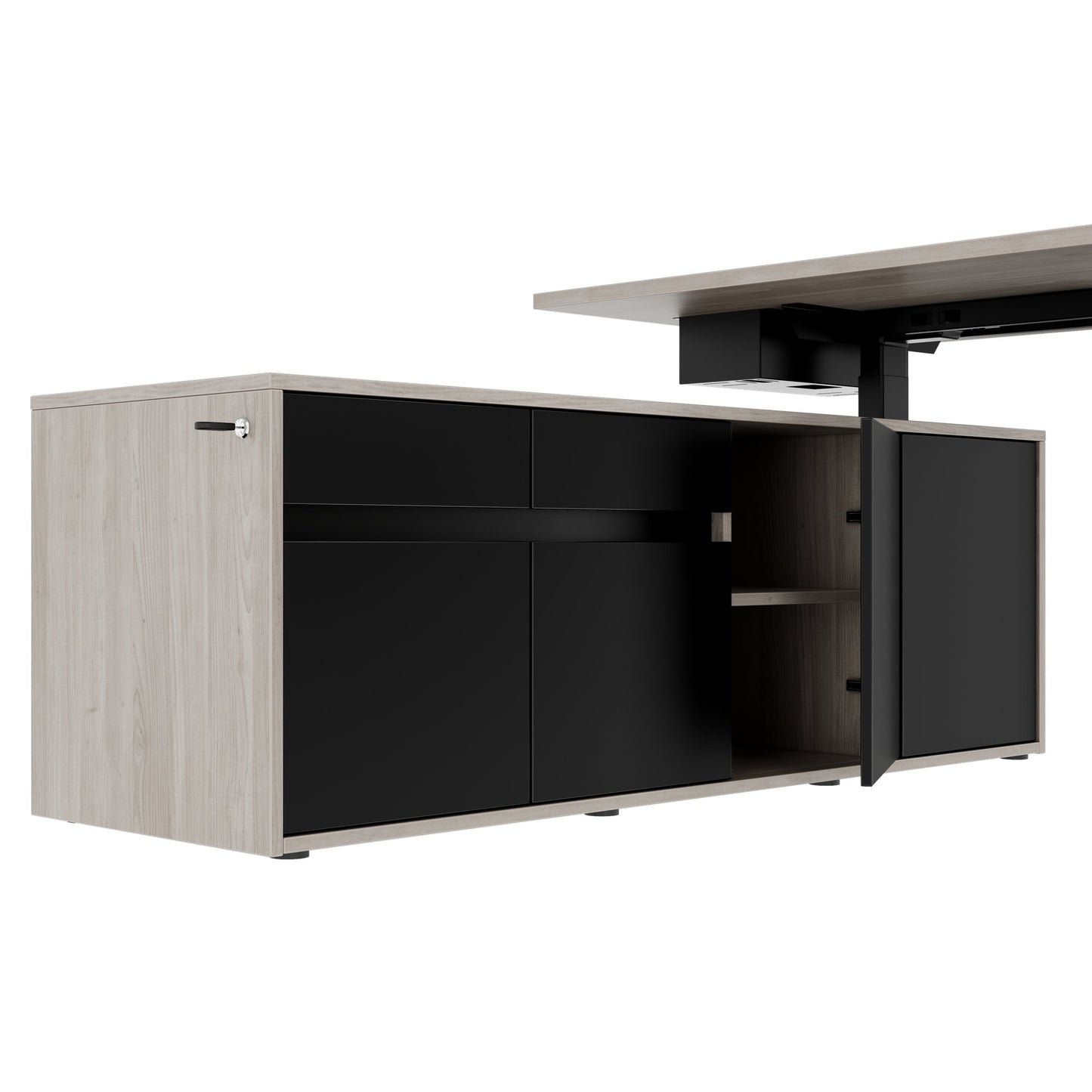 MOTION 2 motor desk with sideboard | Electrically height adjustable, 2000 x 1800 mm, gray northern oak