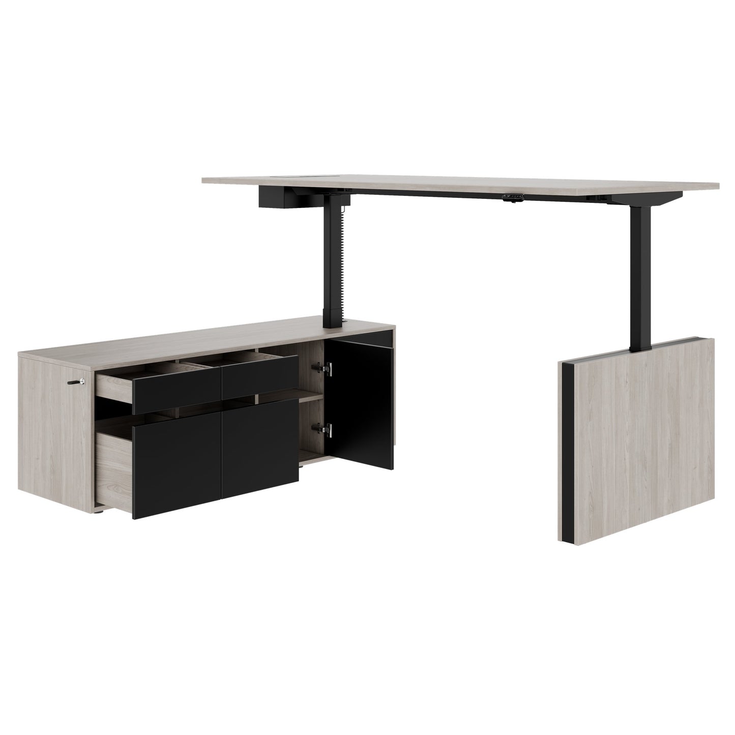 MOTION 2 motor desk with sideboard | Electrically height adjustable, 2000 x 1800 mm, gray northern oak