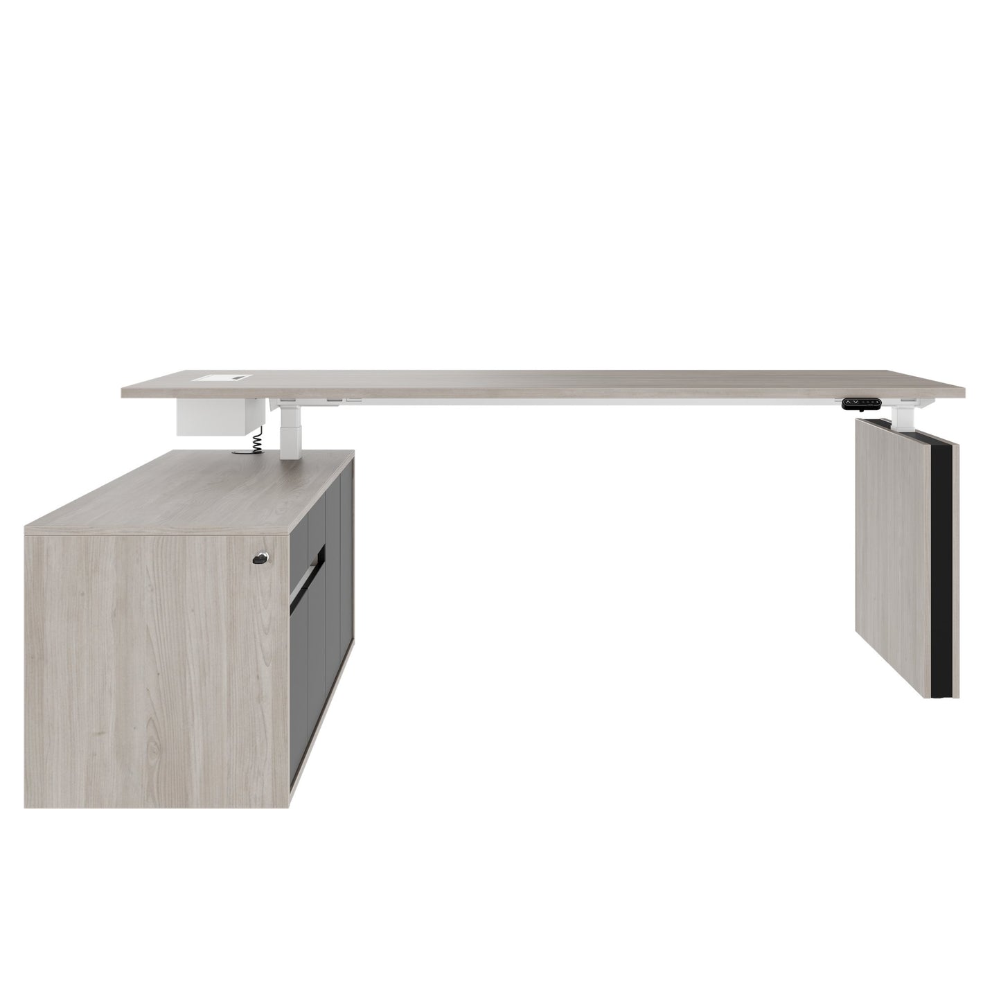 MOTION 2 motor desk with sideboard | Electrically height adjustable, 2000 x 1800 mm, gray northern oak