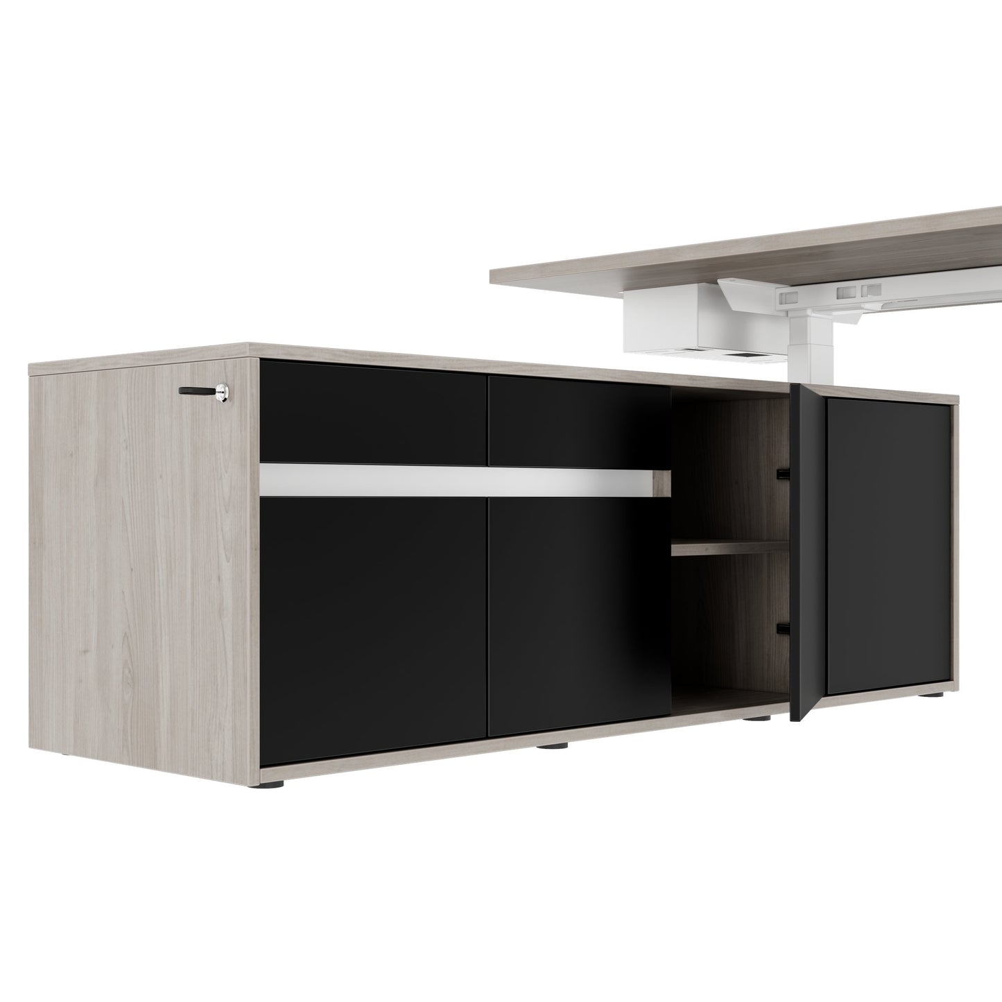 MOTION 2 motor desk with sideboard | Electrically height adjustable, 2000 x 1800 mm, gray northern oak