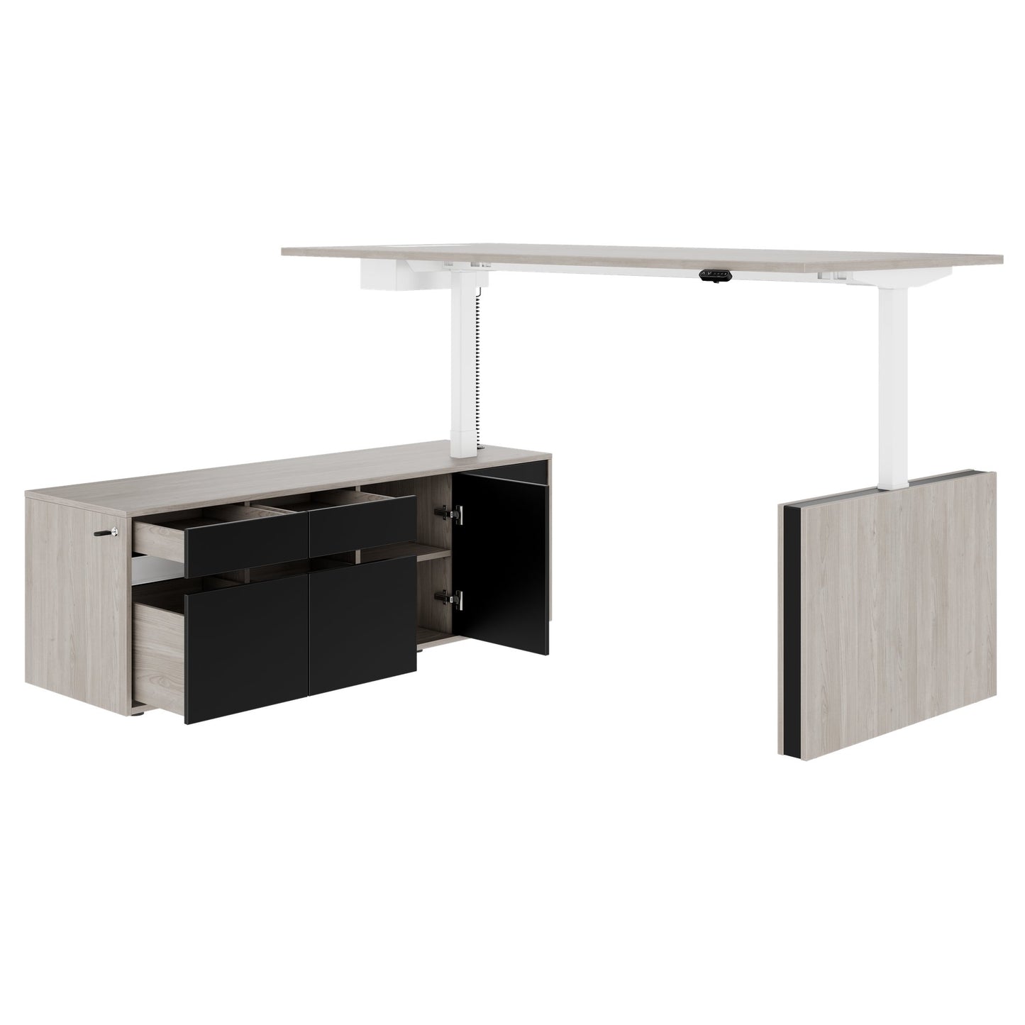 MOTION 2 motor desk with sideboard | Electrically height adjustable, 2000 x 1800 mm, gray northern oak
