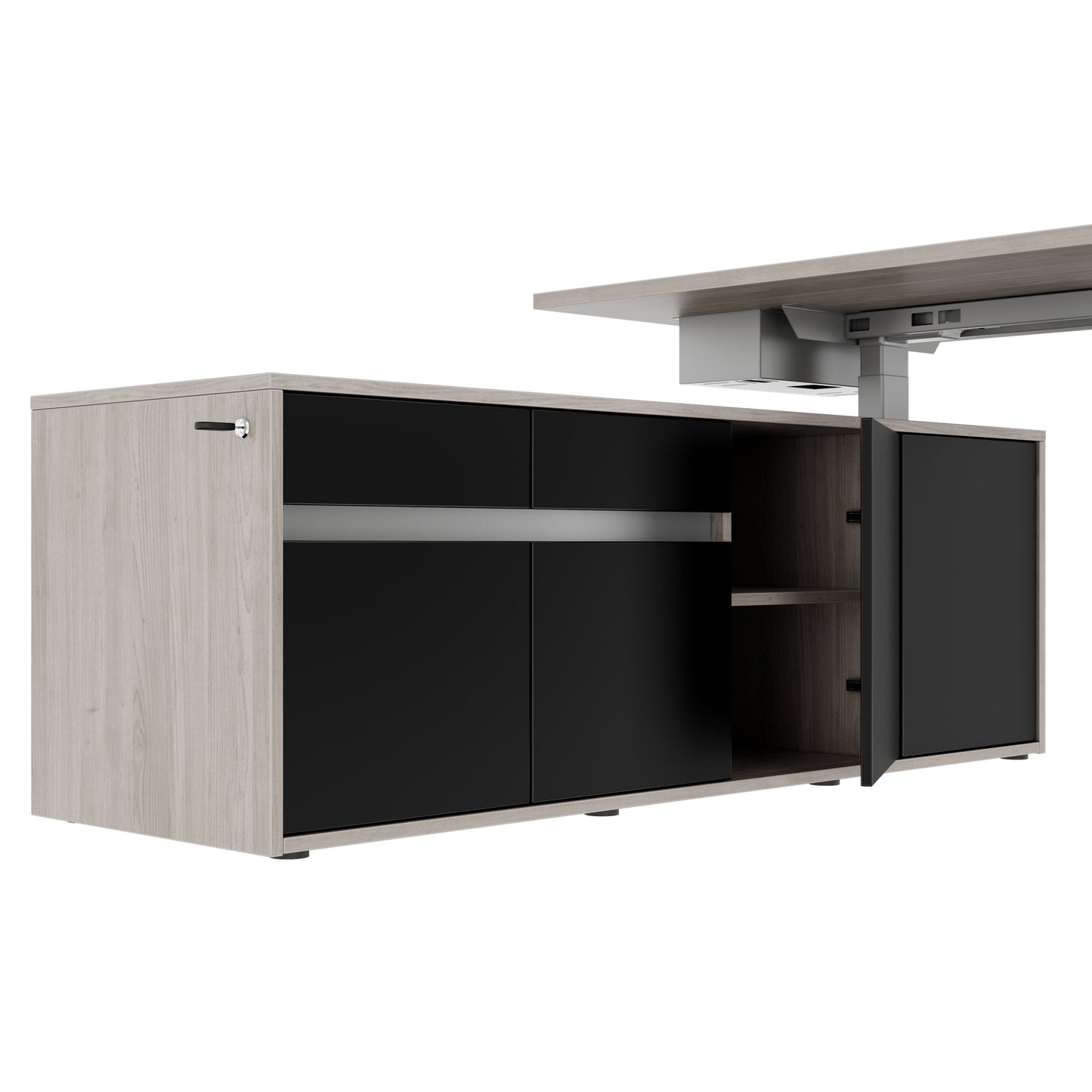 MOTION 2 motor desk with sideboard | Electrically height adjustable, 2000 x 1800 mm, gray northern oak