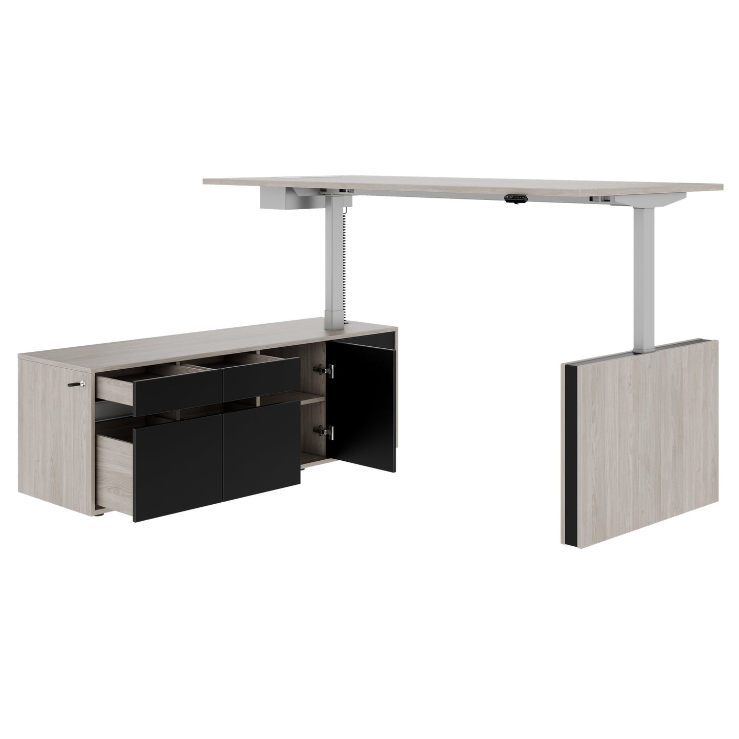 MOTION 2 motor desk with sideboard | Electrically height adjustable, 2000 x 1800 mm, gray northern oak