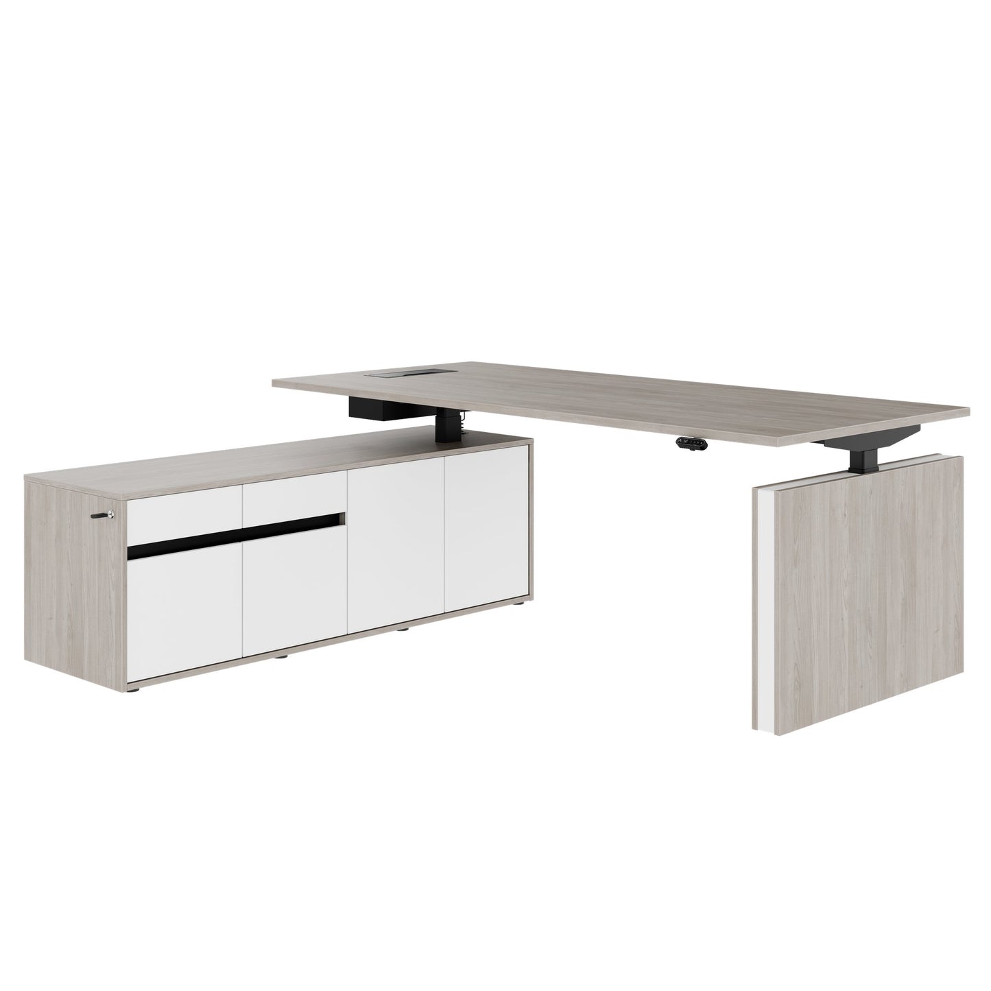 MOTION 2 motor desk with sideboard | Electrically height adjustable, 2000 x 1800 mm, gray northern oak