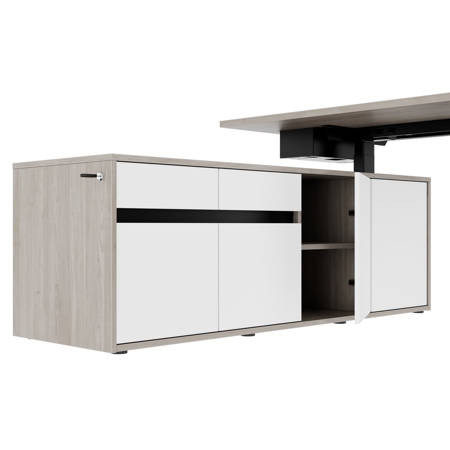MOTION 2 motor desk with sideboard | Electrically height adjustable, 2000 x 1800 mm, gray northern oak