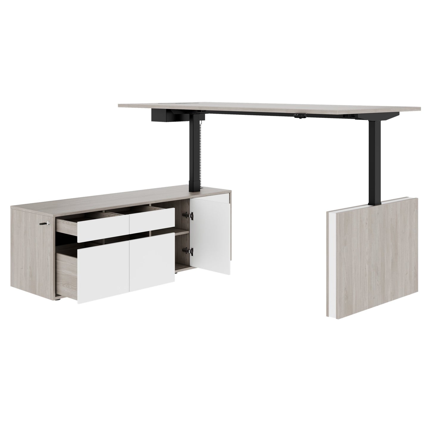 MOTION 2 motor desk with sideboard | Electrically height adjustable, 2000 x 1800 mm, gray northern oak