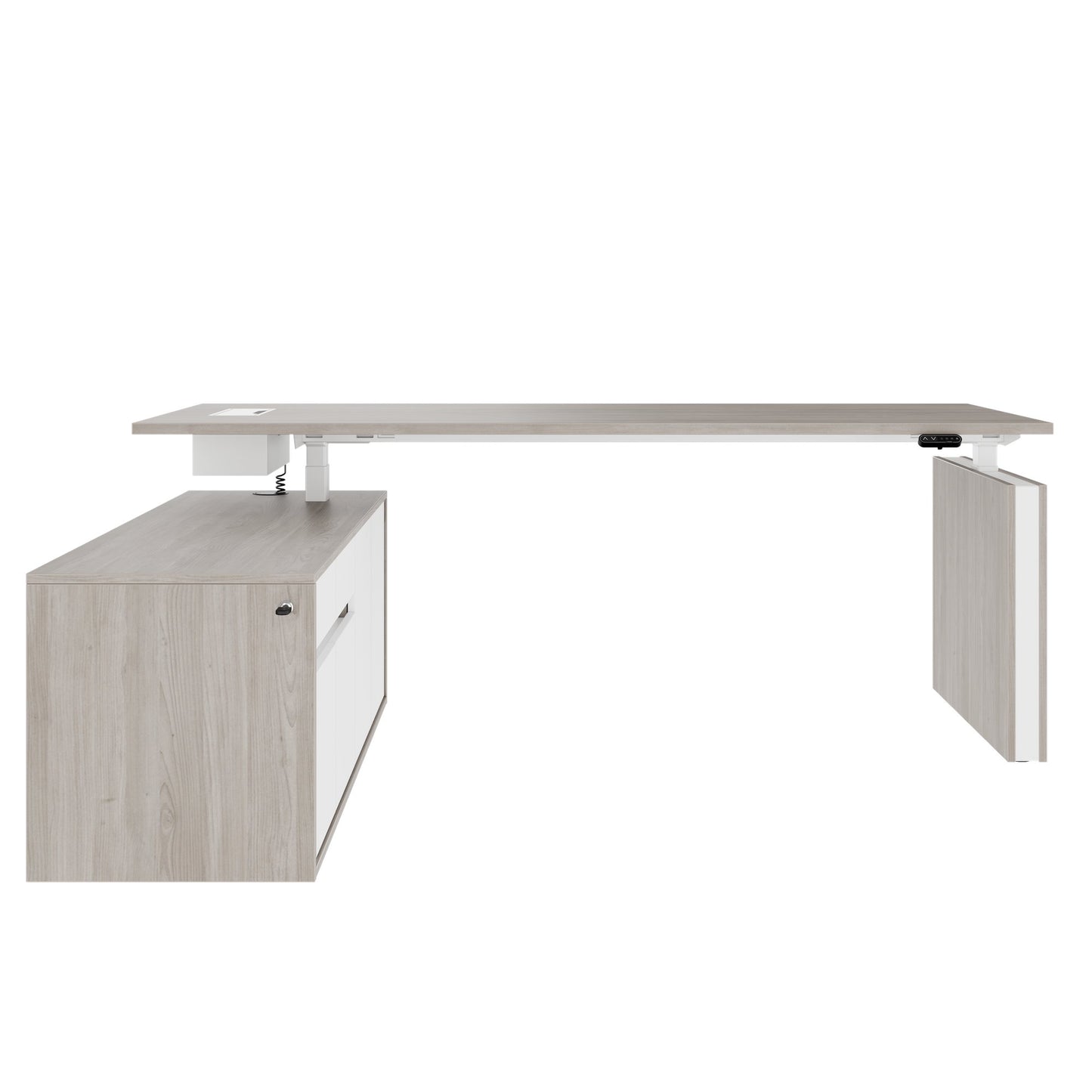 MOTION 2 motor desk with sideboard | Electrically height adjustable, 2000 x 1800 mm, gray northern oak