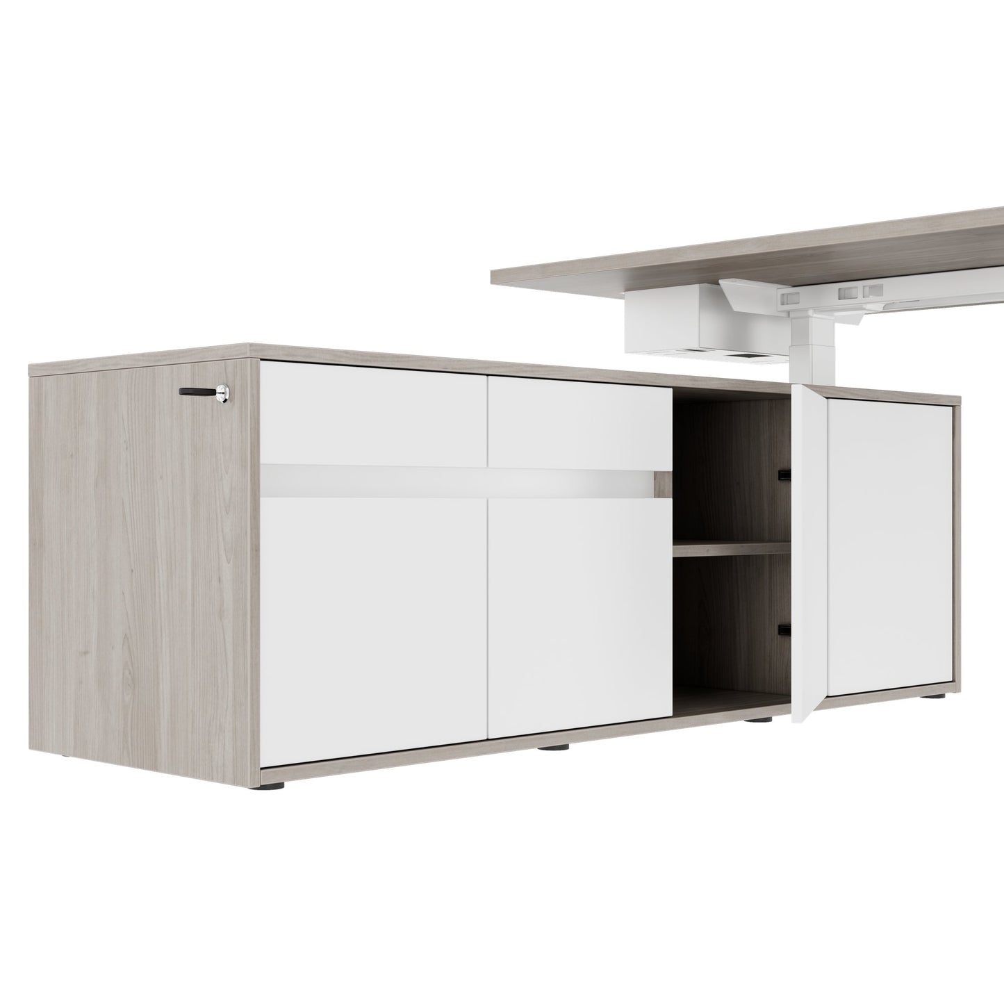 MOTION 2 motor desk with sideboard | Electrically height adjustable, 2000 x 1800 mm, gray northern oak