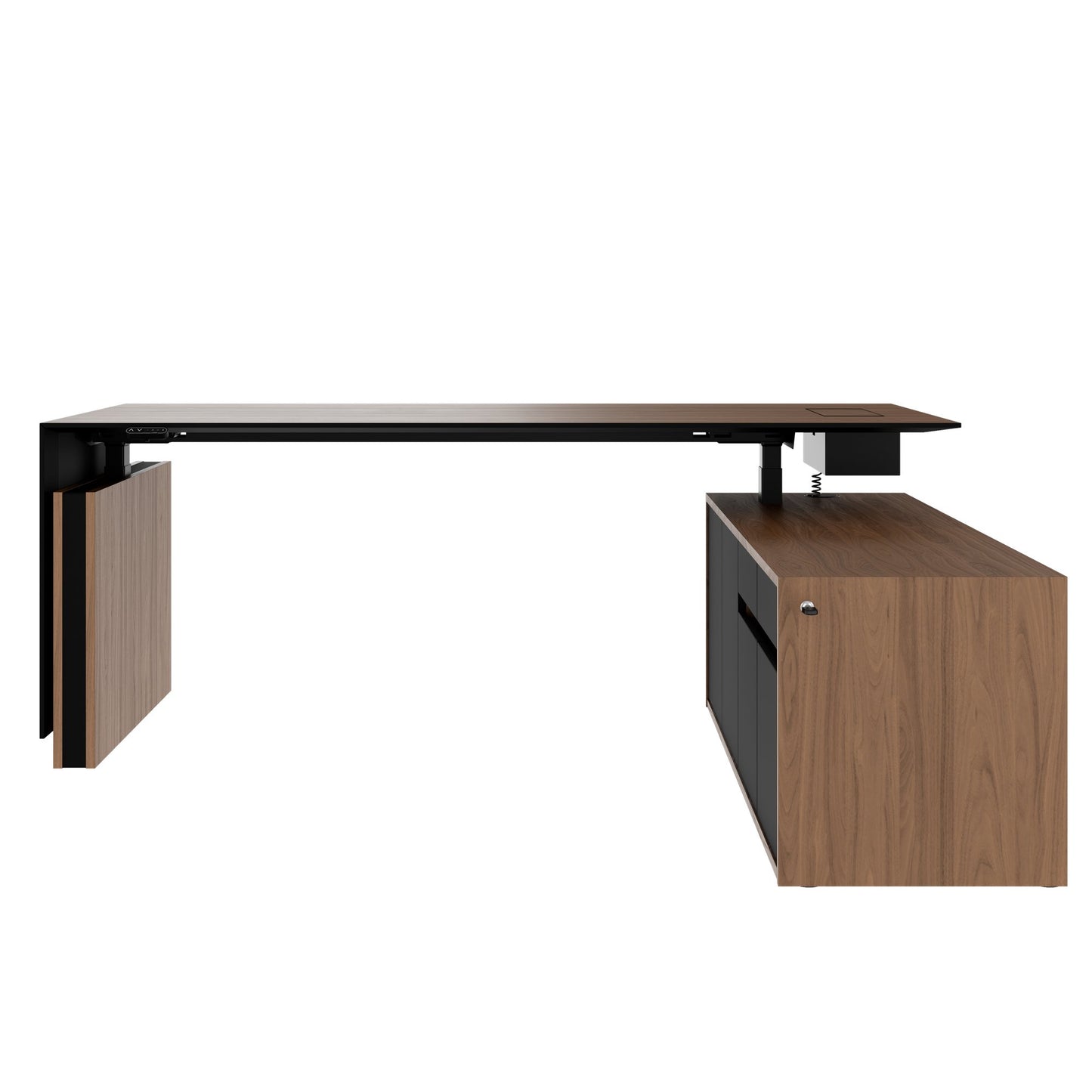 MOTION 2-Motoren-Schreibtisch mit Sideboard | Elektrisch höhenverstellbar, 2000 x 1800 mm, Nussbaum Furnier