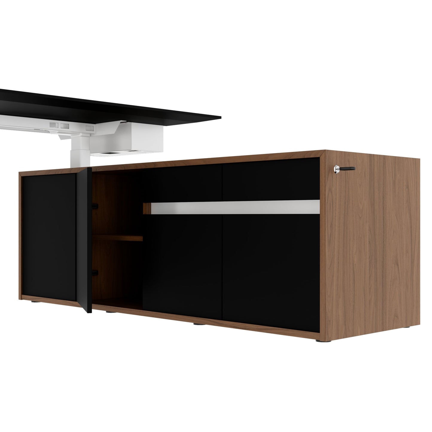 MOTION 2-Motoren-Schreibtisch mit Sideboard | Elektrisch höhenverstellbar, 2000 x 1800 mm, Nussbaum Furnier