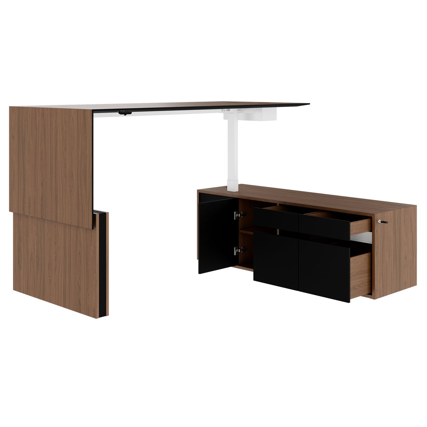 MOTION 2-Motoren-Schreibtisch mit Sideboard | Elektrisch höhenverstellbar, 2000 x 1800 mm, Nussbaum Furnier