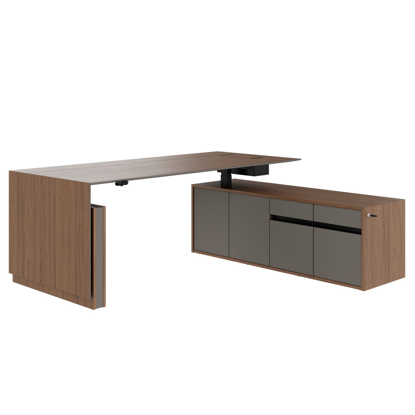 MOTION 2-Motoren-Schreibtisch mit Sideboard | Elektrisch höhenverstellbar, 2000 x 1800 mm, Nussbaum Furnier