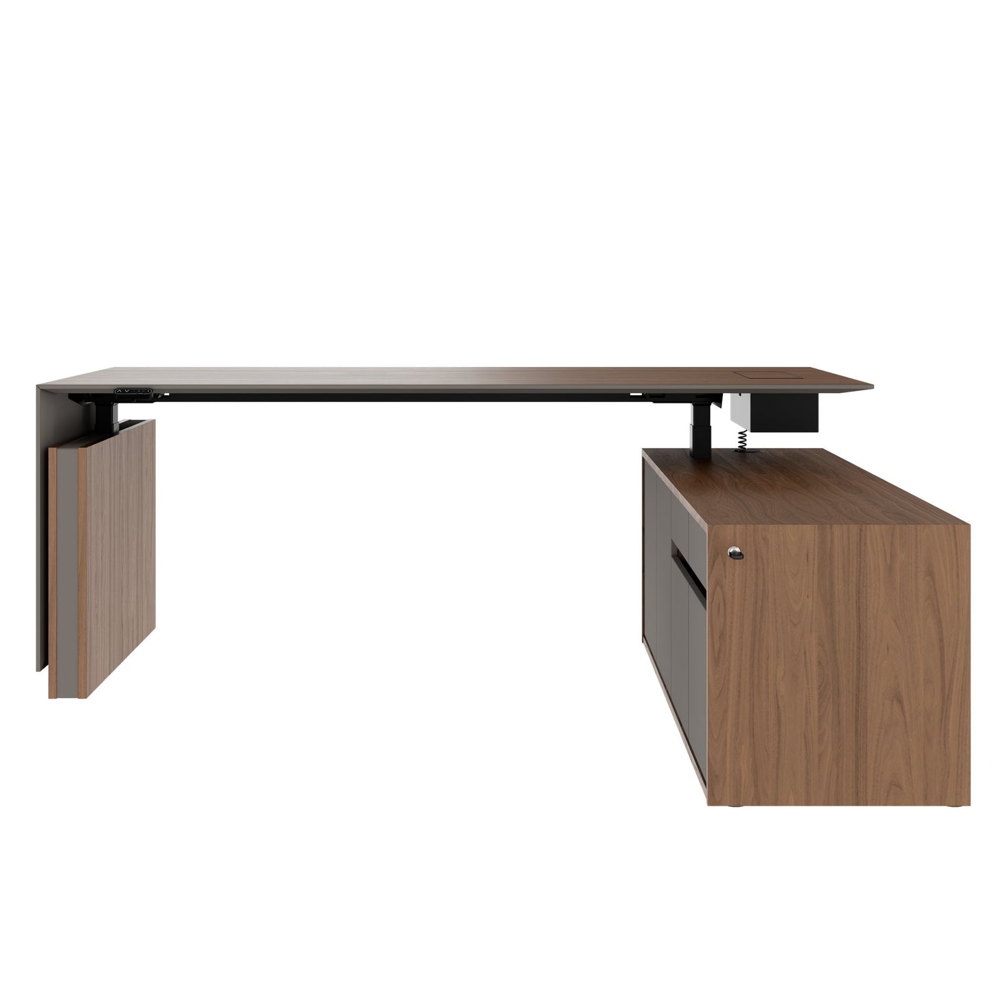 MOTION 2-Motoren-Schreibtisch mit Sideboard | Elektrisch höhenverstellbar, 2000 x 1800 mm, Nussbaum Furnier