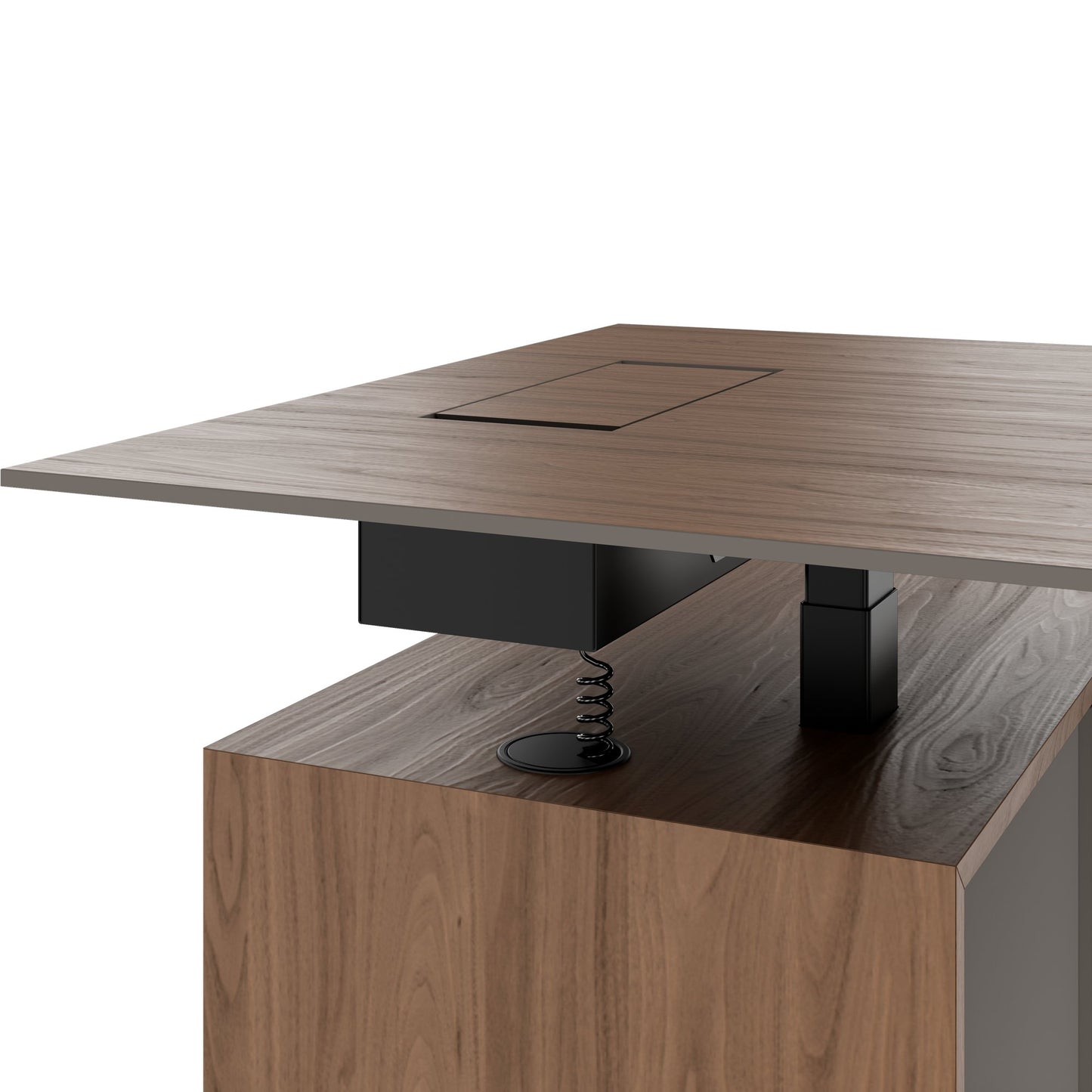 MOTION 2-Motoren-Schreibtisch mit Sideboard | Elektrisch höhenverstellbar, 2000 x 1800 mm, Nussbaum Furnier