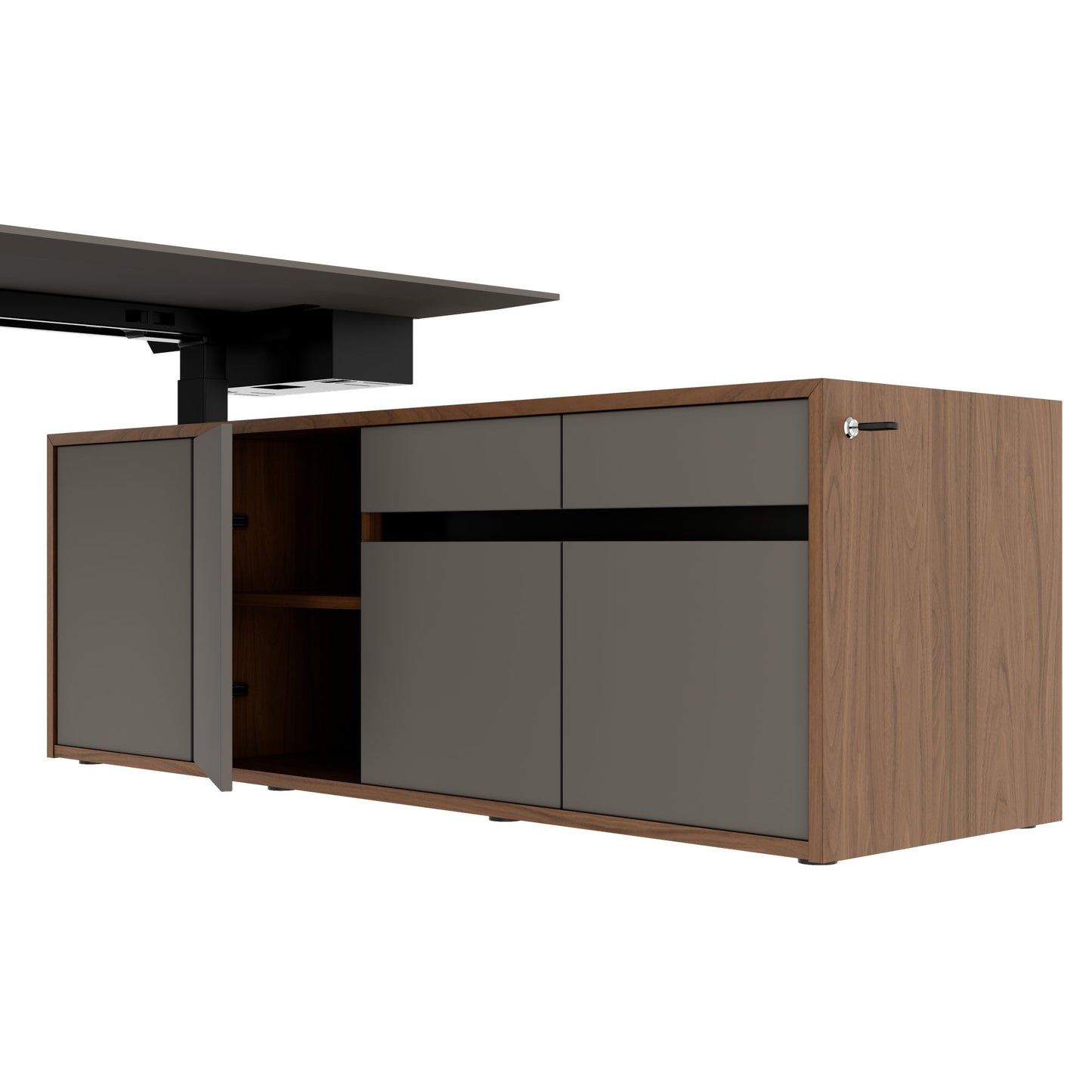 MOTION 2-Motoren-Schreibtisch mit Sideboard | Elektrisch höhenverstellbar, 2000 x 1800 mm, Nussbaum Furnier