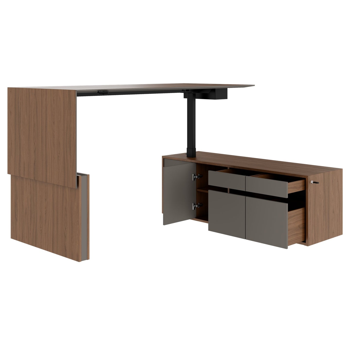 MOTION 2-Motoren-Schreibtisch mit Sideboard | Elektrisch höhenverstellbar, 2000 x 1800 mm, Nussbaum Furnier