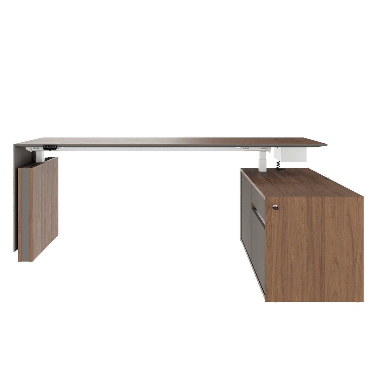 MOTION 2-Motoren-Schreibtisch mit Sideboard | Elektrisch höhenverstellbar, 2000 x 1800 mm, Nussbaum Furnier