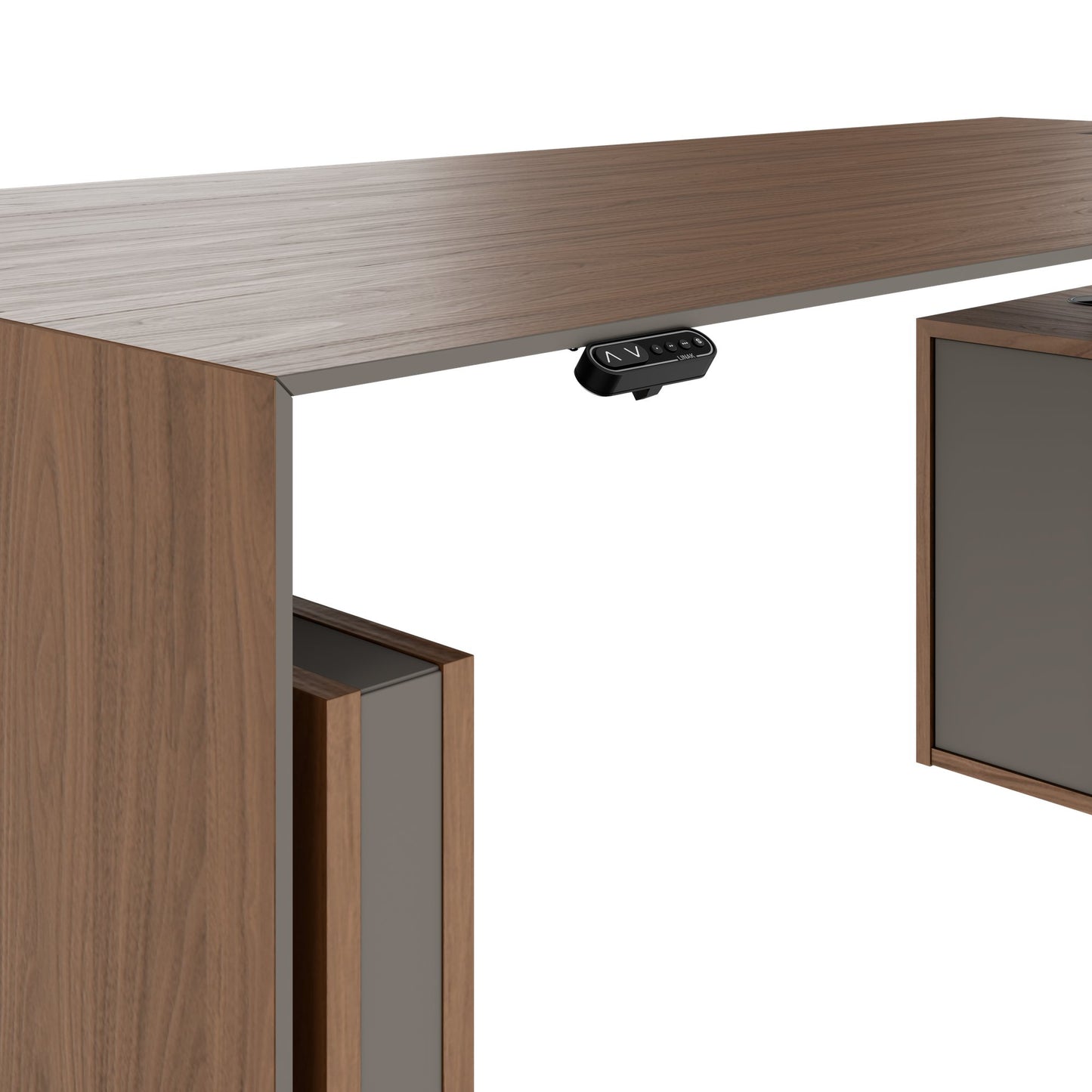 MOTION 2-Motoren-Schreibtisch mit Sideboard | Elektrisch höhenverstellbar, 2000 x 1800 mm, Nussbaum Furnier