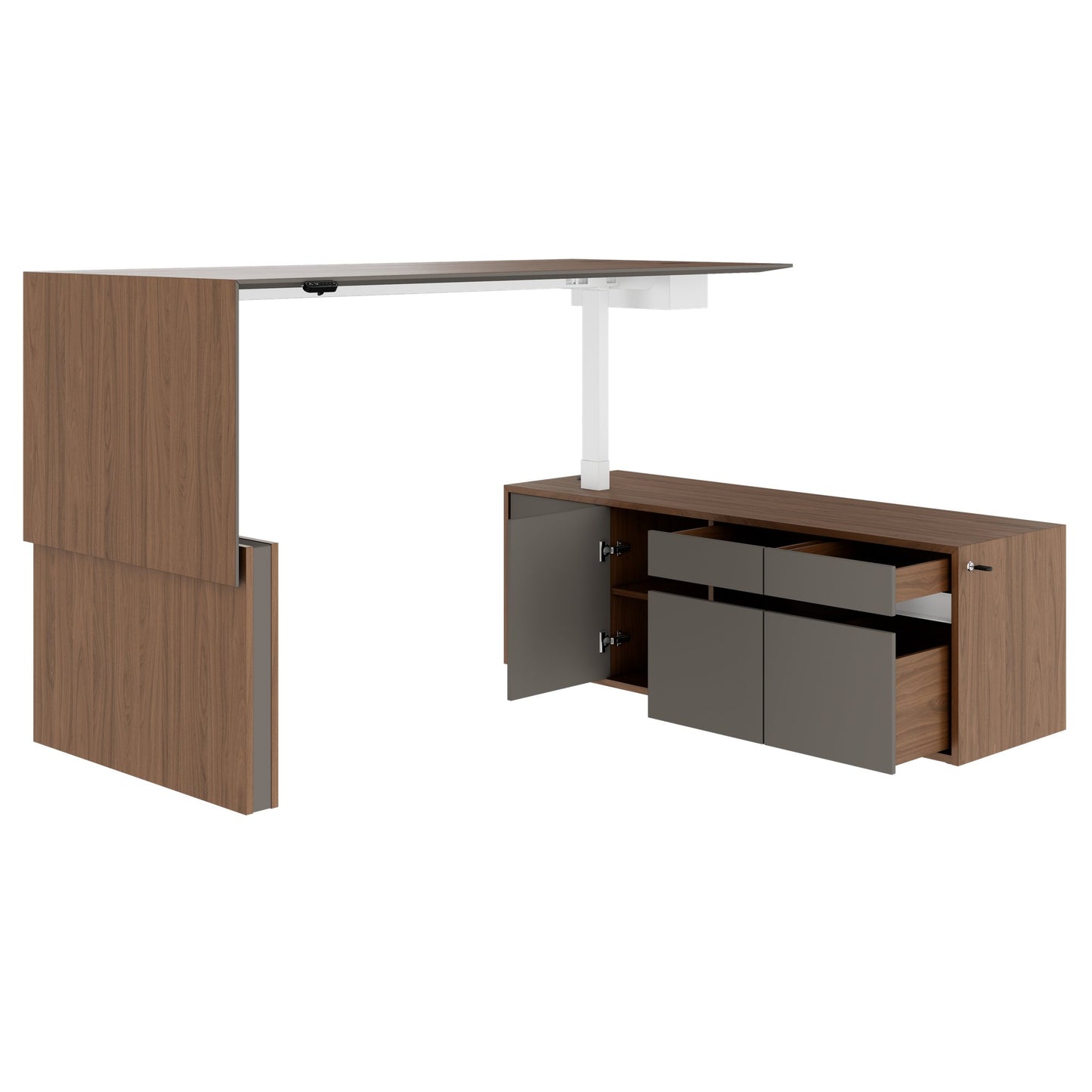 MOTION 2-Motoren-Schreibtisch mit Sideboard | Elektrisch höhenverstellbar, 2000 x 1800 mm, Nussbaum Furnier