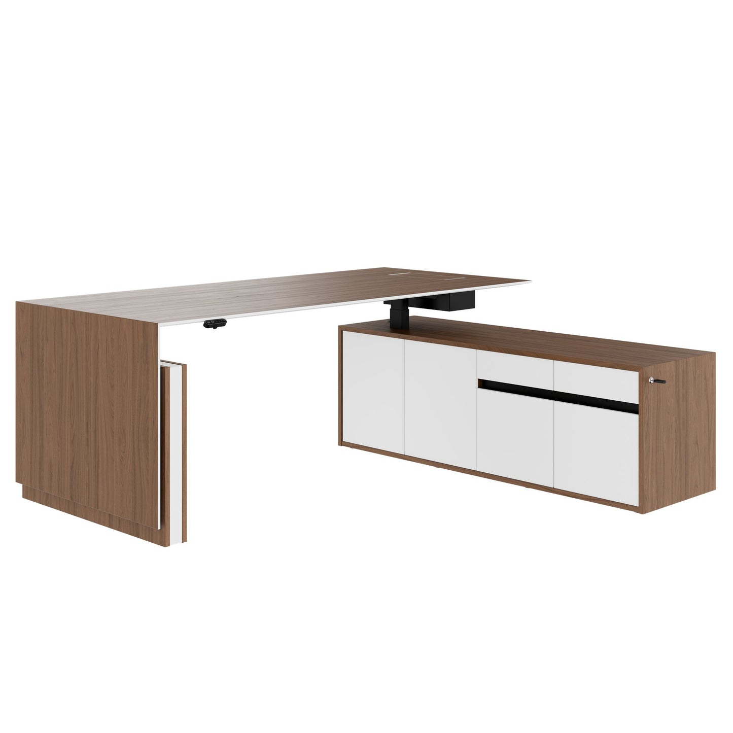 MOTION 2-Motoren-Schreibtisch mit Sideboard | Elektrisch höhenverstellbar, 2000 x 1800 mm, Nussbaum Furnier