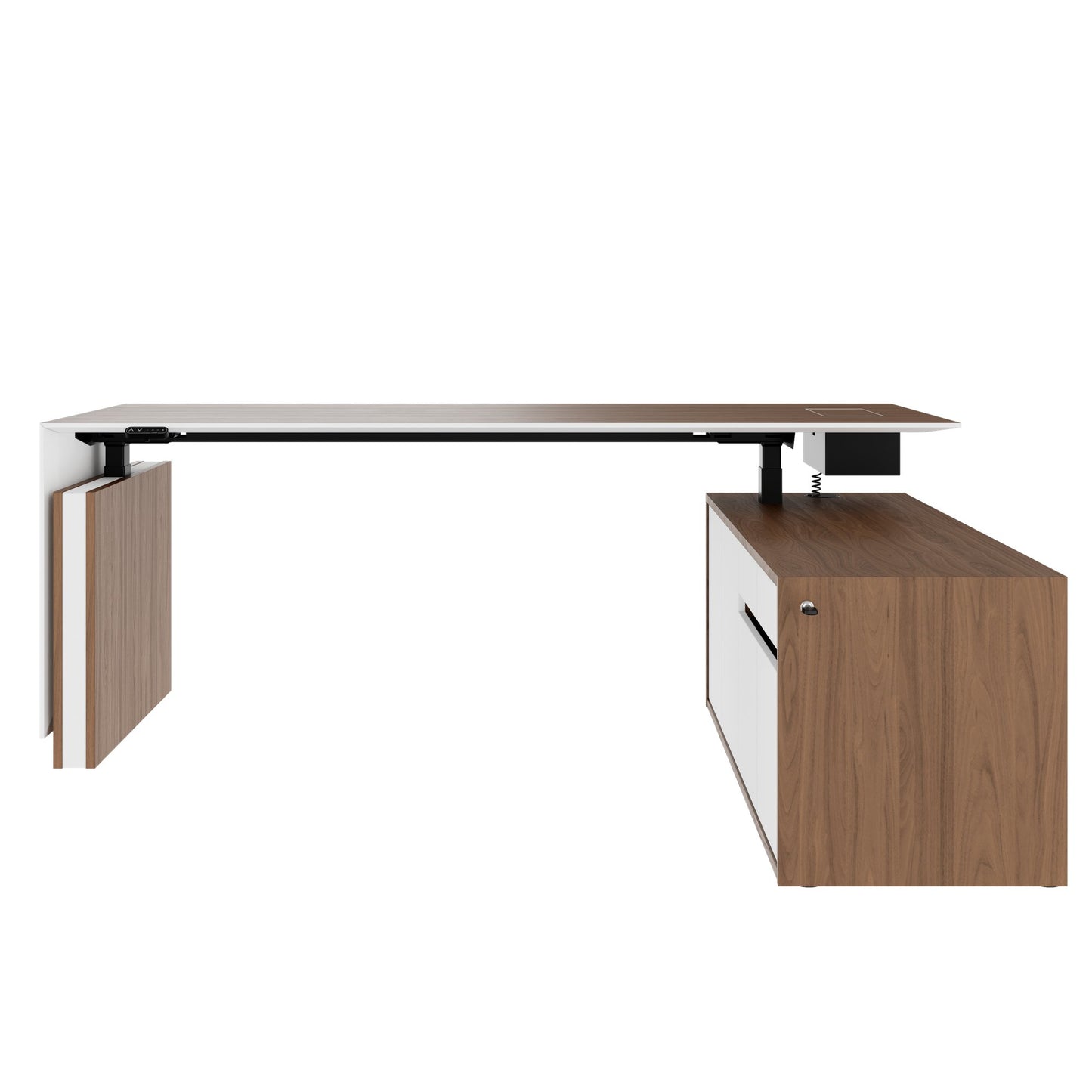 MOTION 2-Motoren-Schreibtisch mit Sideboard | Elektrisch höhenverstellbar, 2000 x 1800 mm, Nussbaum Furnier