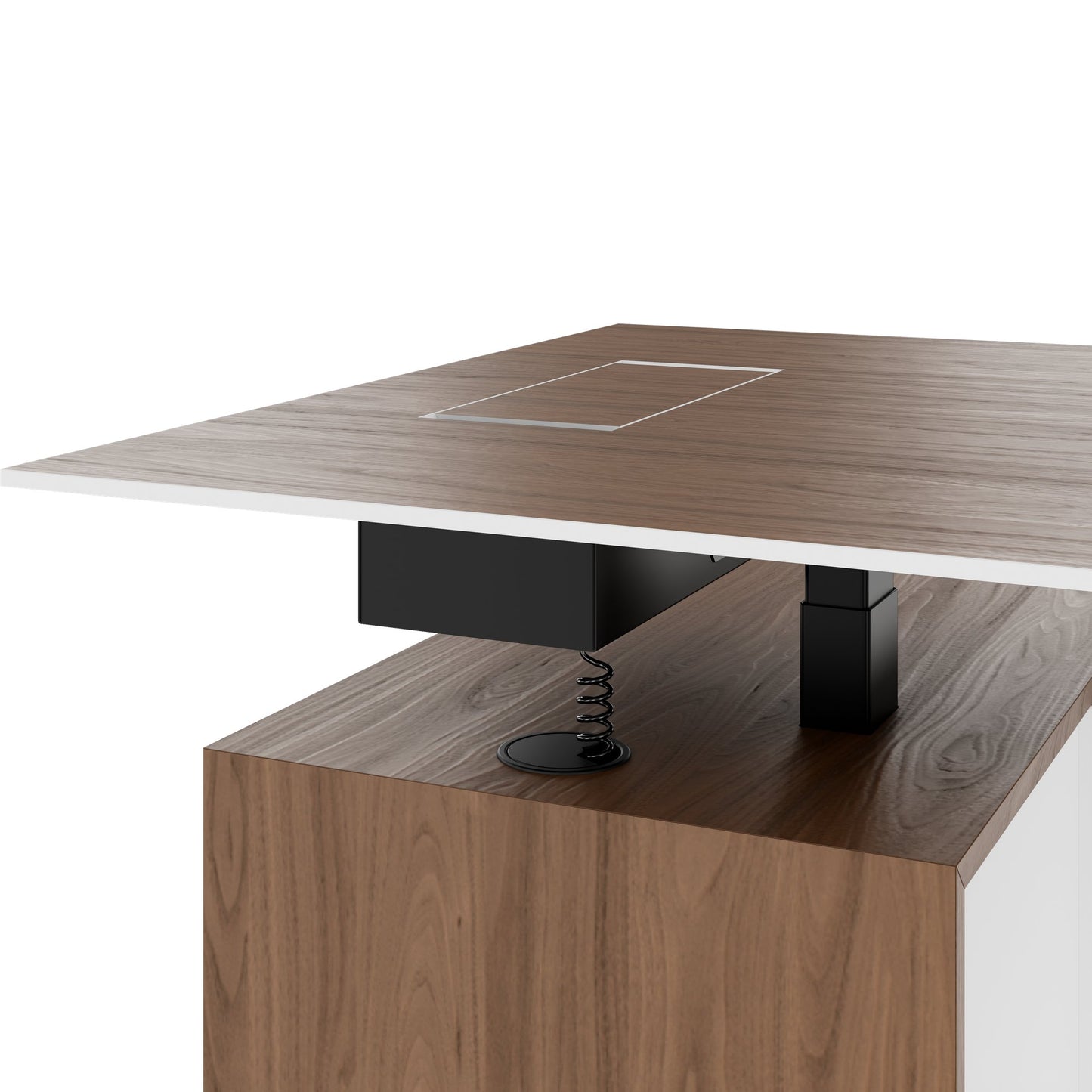 MOTION 2-Motoren-Schreibtisch mit Sideboard | Elektrisch höhenverstellbar, 2000 x 1800 mm, Nussbaum Furnier