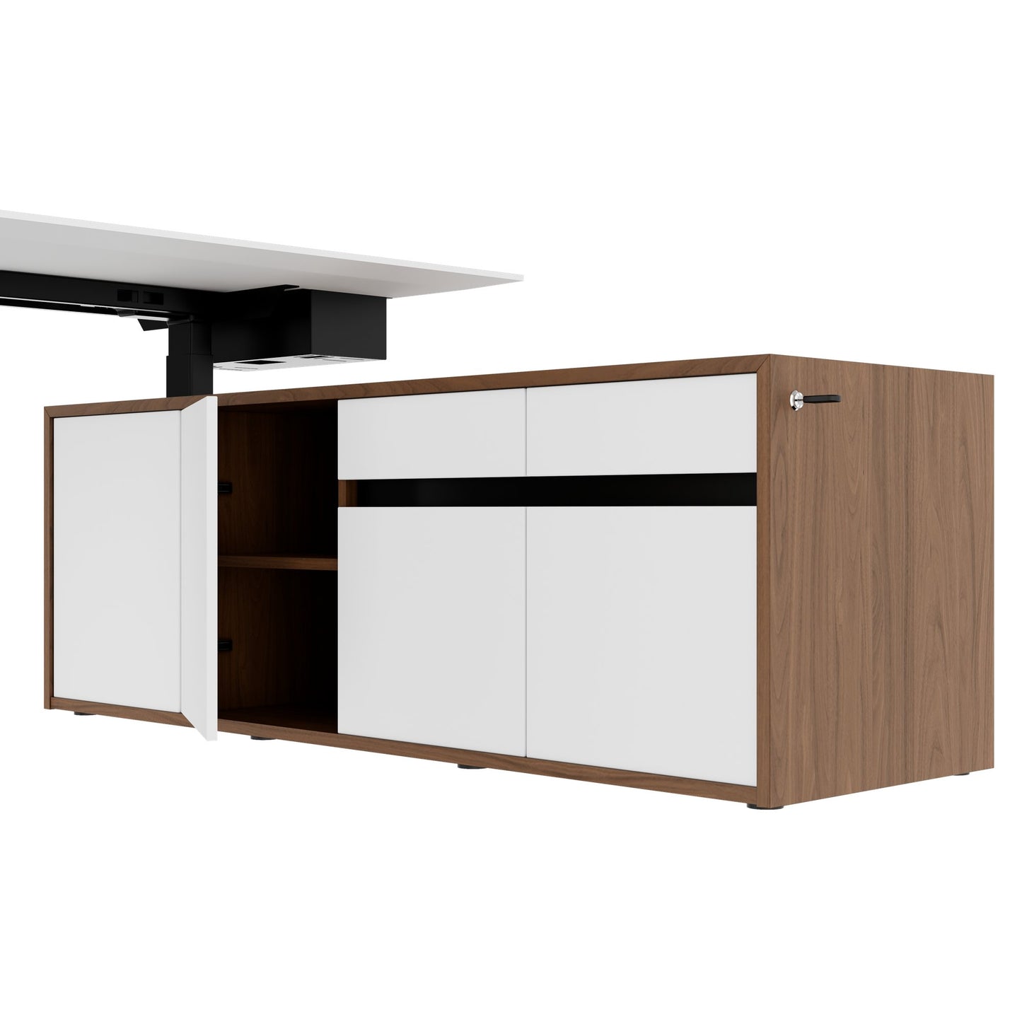 MOTION 2-Motoren-Schreibtisch mit Sideboard | Elektrisch höhenverstellbar, 2000 x 1800 mm, Nussbaum Furnier