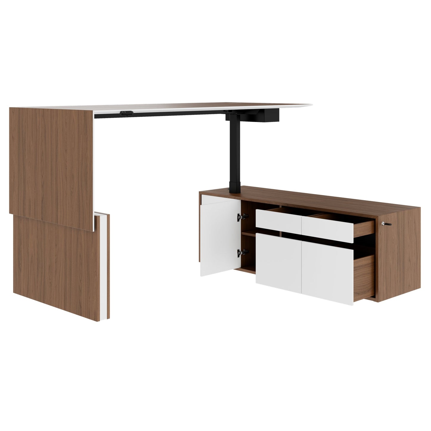 MOTION 2-Motoren-Schreibtisch mit Sideboard | Elektrisch höhenverstellbar, 2000 x 1800 mm, Nussbaum Furnier