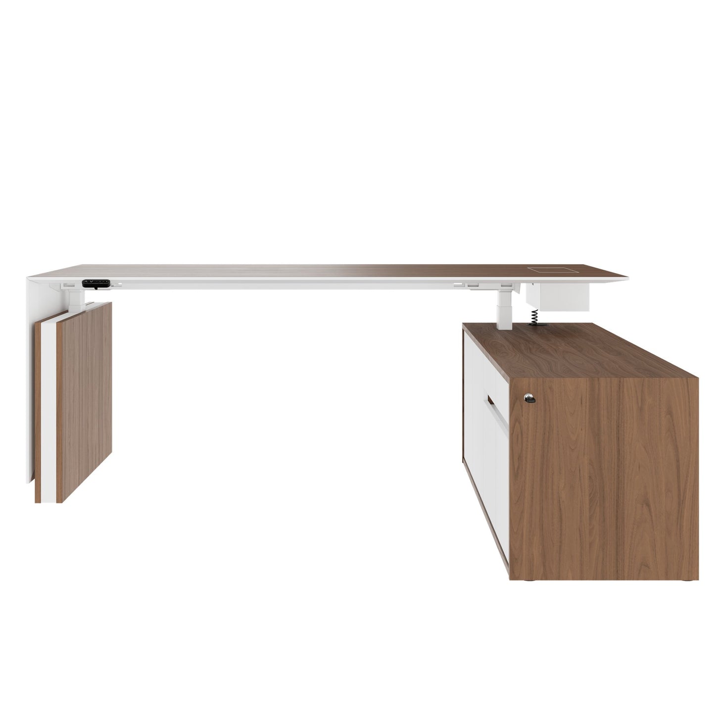 MOTION 2-Motoren-Schreibtisch mit Sideboard | Elektrisch höhenverstellbar, 2000 x 1800 mm, Nussbaum Furnier