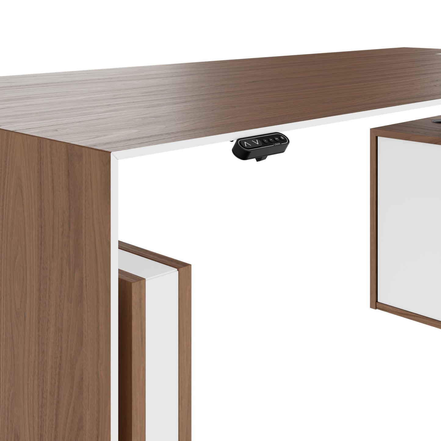 MOTION 2-Motoren-Schreibtisch mit Sideboard | Elektrisch höhenverstellbar, 2000 x 1800 mm, Nussbaum Furnier