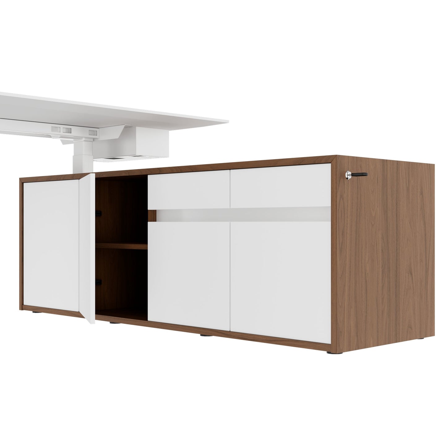 MOTION 2-Motoren-Schreibtisch mit Sideboard | Elektrisch höhenverstellbar, 2000 x 1800 mm, Nussbaum Furnier