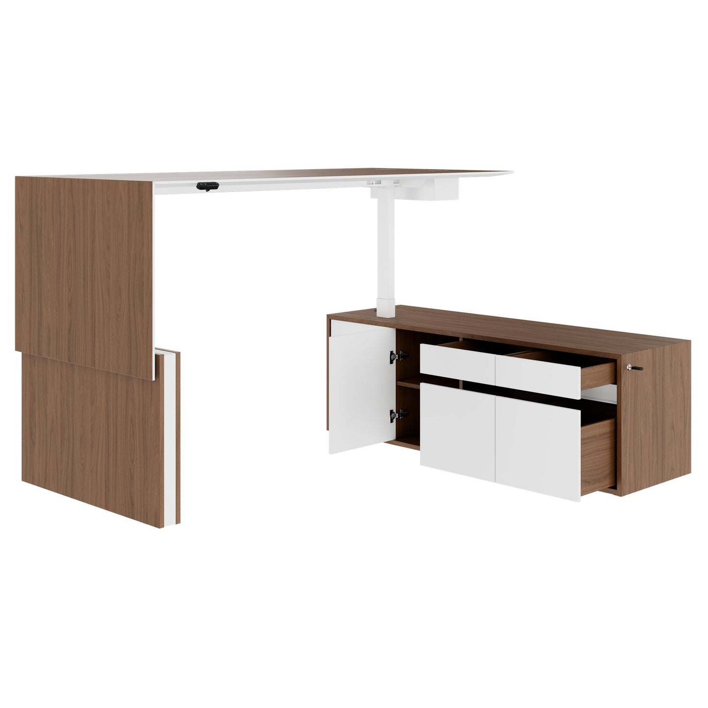 MOTION 2-Motoren-Schreibtisch mit Sideboard | Elektrisch höhenverstellbar, 2000 x 1800 mm, Nussbaum Furnier