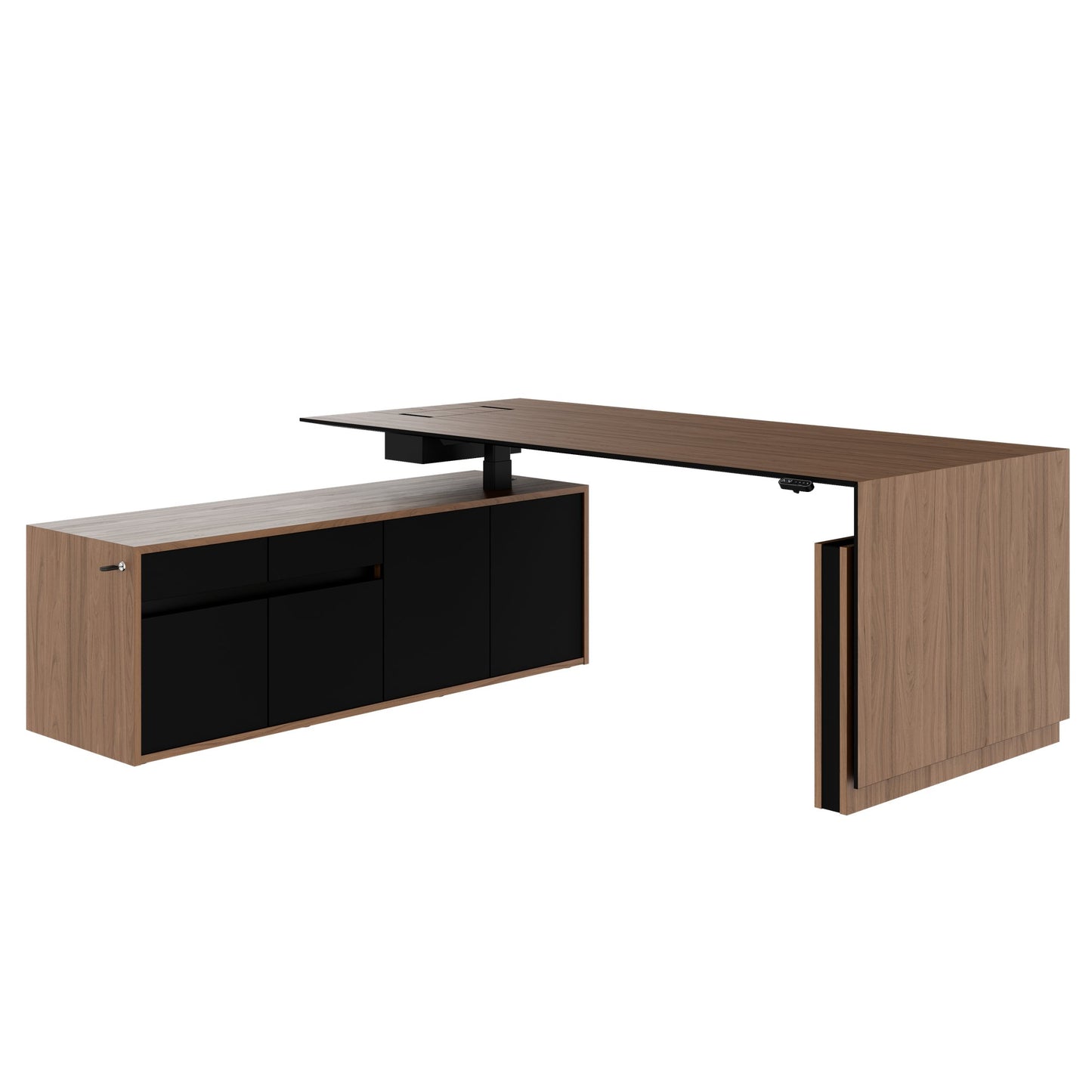 MOTION 2-Motoren-Schreibtisch mit Sideboard | Elektrisch höhenverstellbar, 2000 x 1800 mm, Nussbaum Furnier