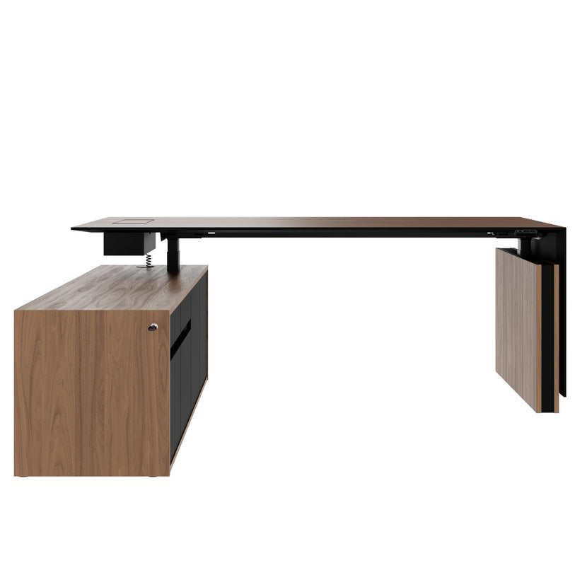 MOTION Bureau à 2 moteurs avec buffet | Réglable à hauteur électrique, 2000 x 1800 mm, placage de noix