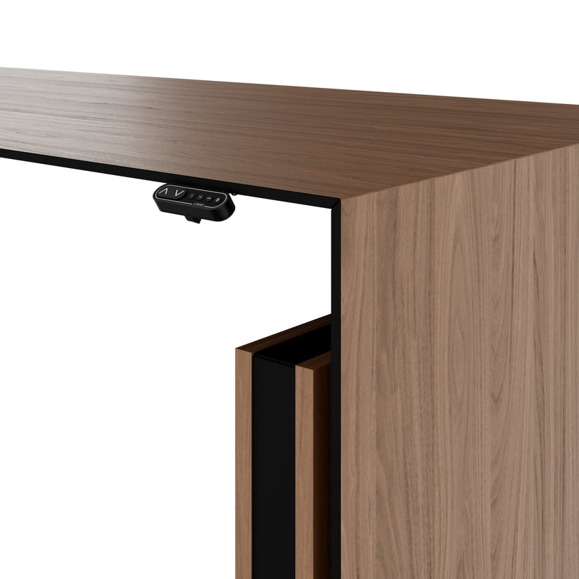 MOTION Bureau à 2 moteurs avec buffet | Réglable à hauteur électrique, 2000 x 1800 mm, placage de noix