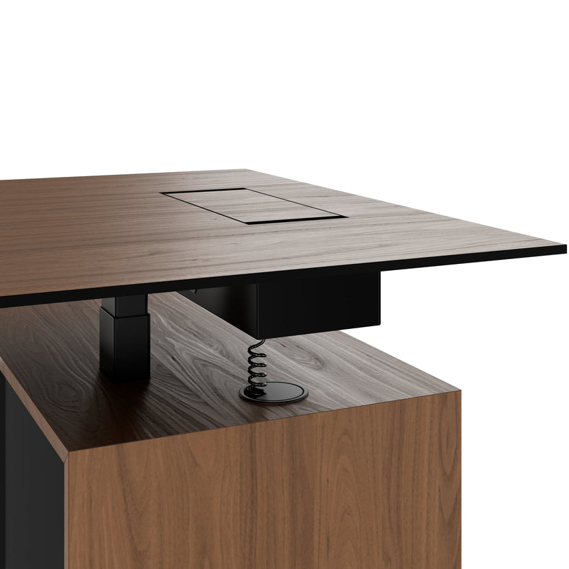 MOTION Bureau à 2 moteurs avec buffet | Réglable à hauteur électrique, 2000 x 1800 mm, placage de noix