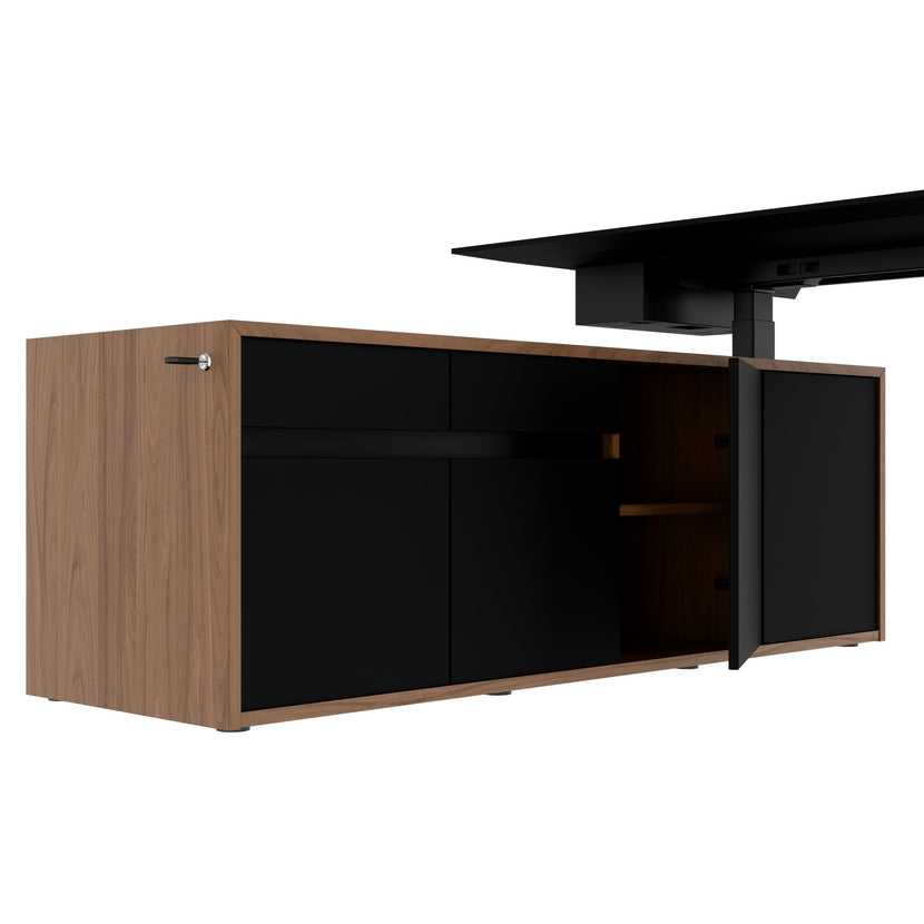 MOTION Bureau à 2 moteurs avec buffet | Réglable à hauteur électrique, 2000 x 1800 mm, placage de noix