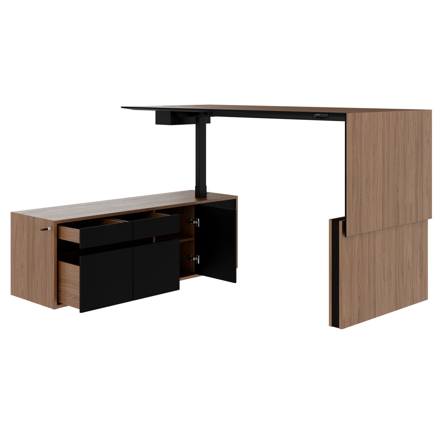 MOTION 2-Motoren-Schreibtisch mit Sideboard | Elektrisch höhenverstellbar, 2000 x 1800 mm, Nussbaum Furnier