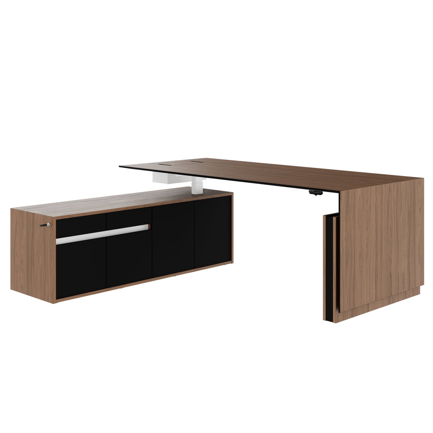 MOTION 2-Motoren-Schreibtisch mit Sideboard | Elektrisch höhenverstellbar, 2000 x 1800 mm, Nussbaum Furnier