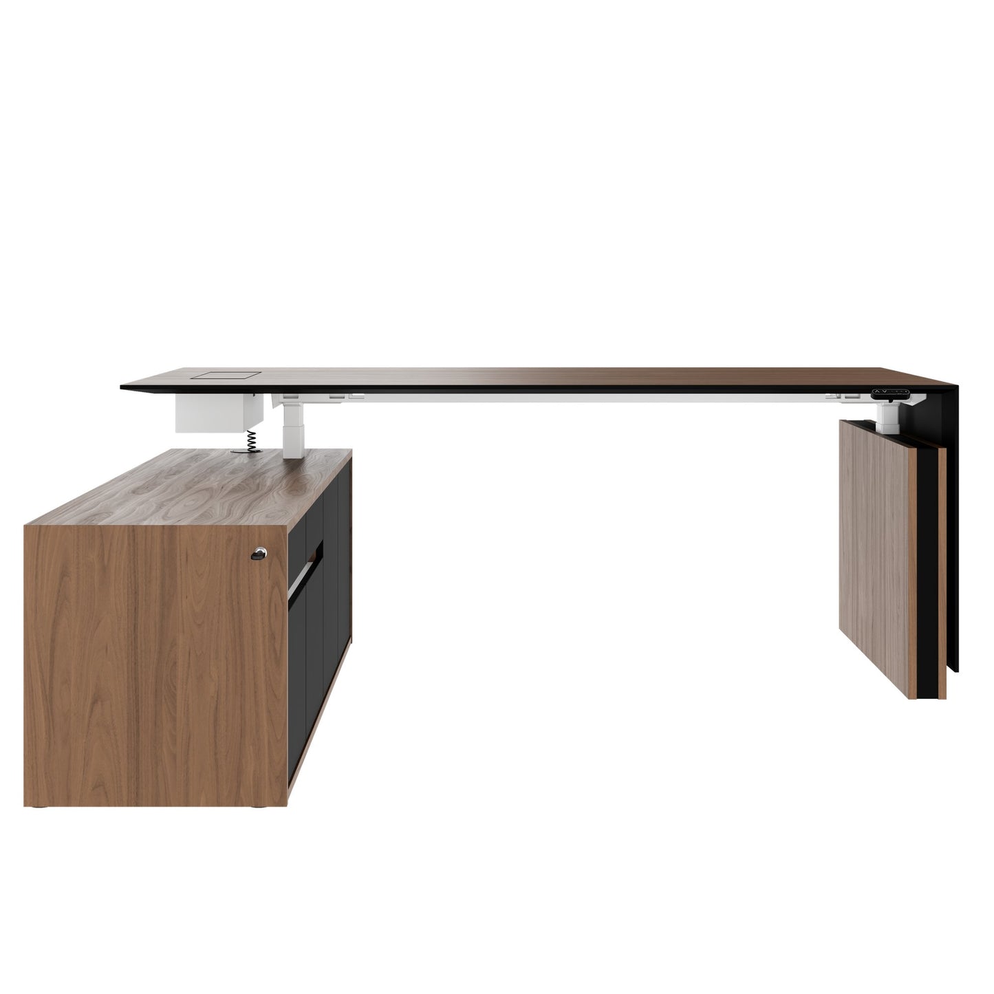 MOTION 2-Motoren-Schreibtisch mit Sideboard | Elektrisch höhenverstellbar, 2000 x 1800 mm, Nussbaum Furnier
