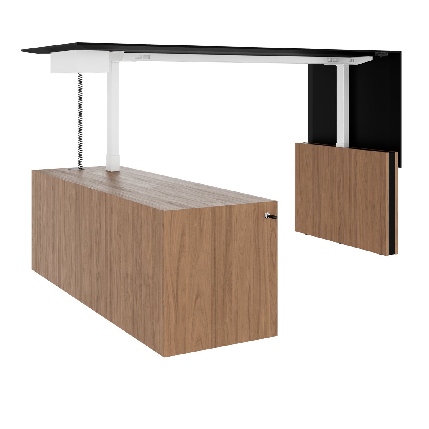 MOTION 2-Motoren-Schreibtisch mit Sideboard | Elektrisch höhenverstellbar, 2000 x 1800 mm, Nussbaum Furnier