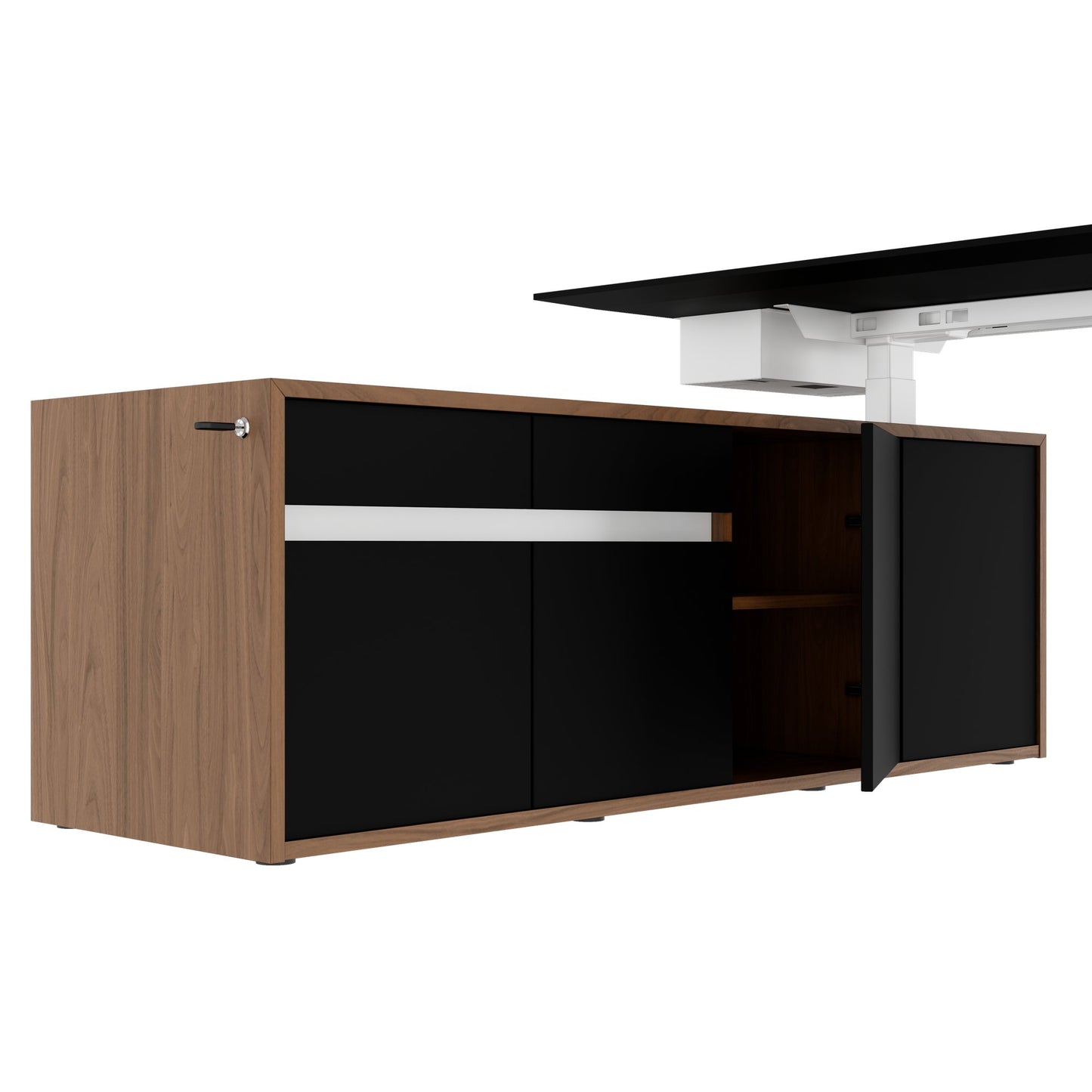 MOTION 2-Motoren-Schreibtisch mit Sideboard | Elektrisch höhenverstellbar, 2000 x 1800 mm, Nussbaum Furnier