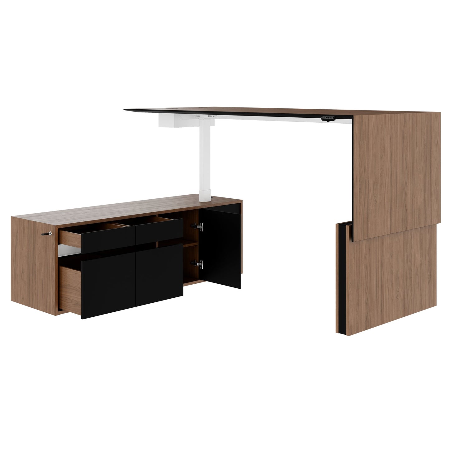 MOTION 2-Motoren-Schreibtisch mit Sideboard | Elektrisch höhenverstellbar, 2000 x 1800 mm, Nussbaum Furnier