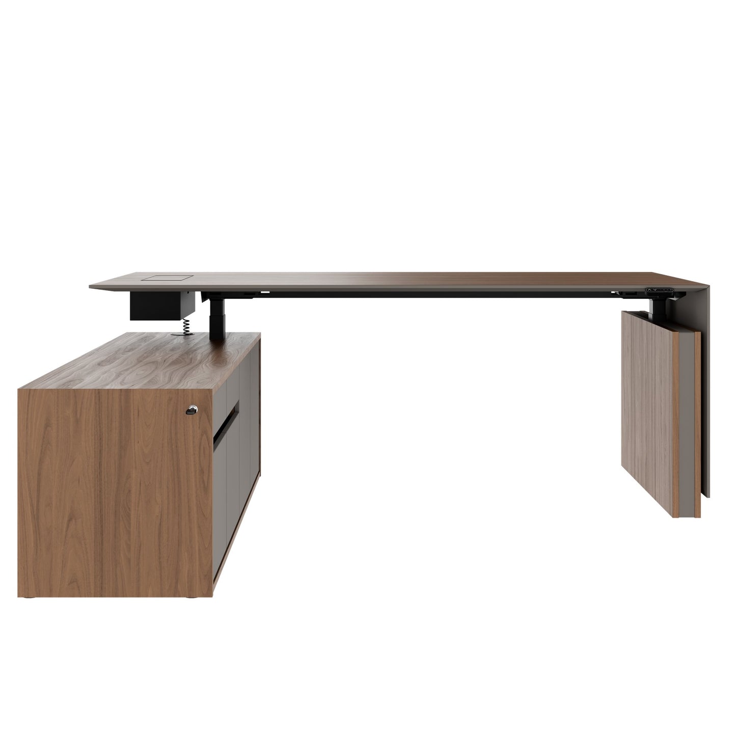 MOTION 2-Motoren-Schreibtisch mit Sideboard | Elektrisch höhenverstellbar, 2000 x 1800 mm, Nussbaum Furnier