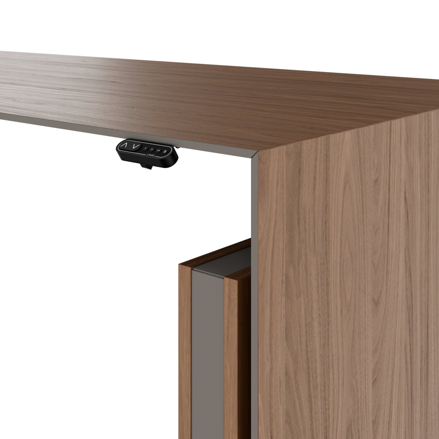 MOTION 2-Motoren-Schreibtisch mit Sideboard | Elektrisch höhenverstellbar, 2000 x 1800 mm, Nussbaum Furnier