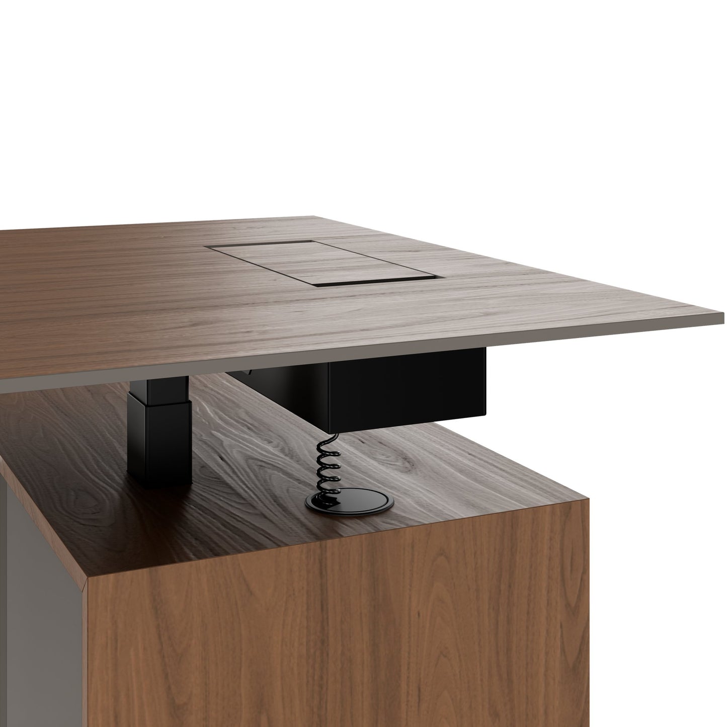 MOTION 2-Motoren-Schreibtisch mit Sideboard | Elektrisch höhenverstellbar, 2000 x 1800 mm, Nussbaum Furnier