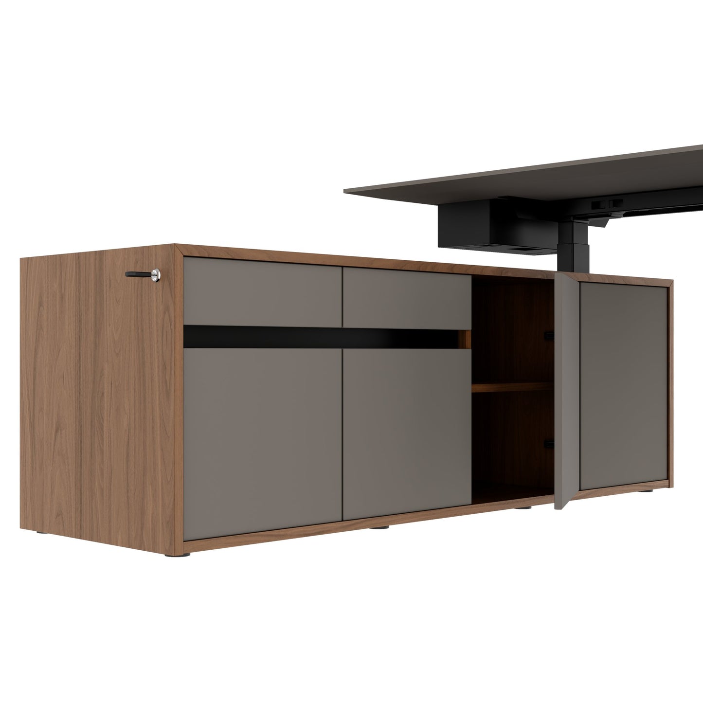 MOTION 2-Motoren-Schreibtisch mit Sideboard | Elektrisch höhenverstellbar, 2000 x 1800 mm, Nussbaum Furnier