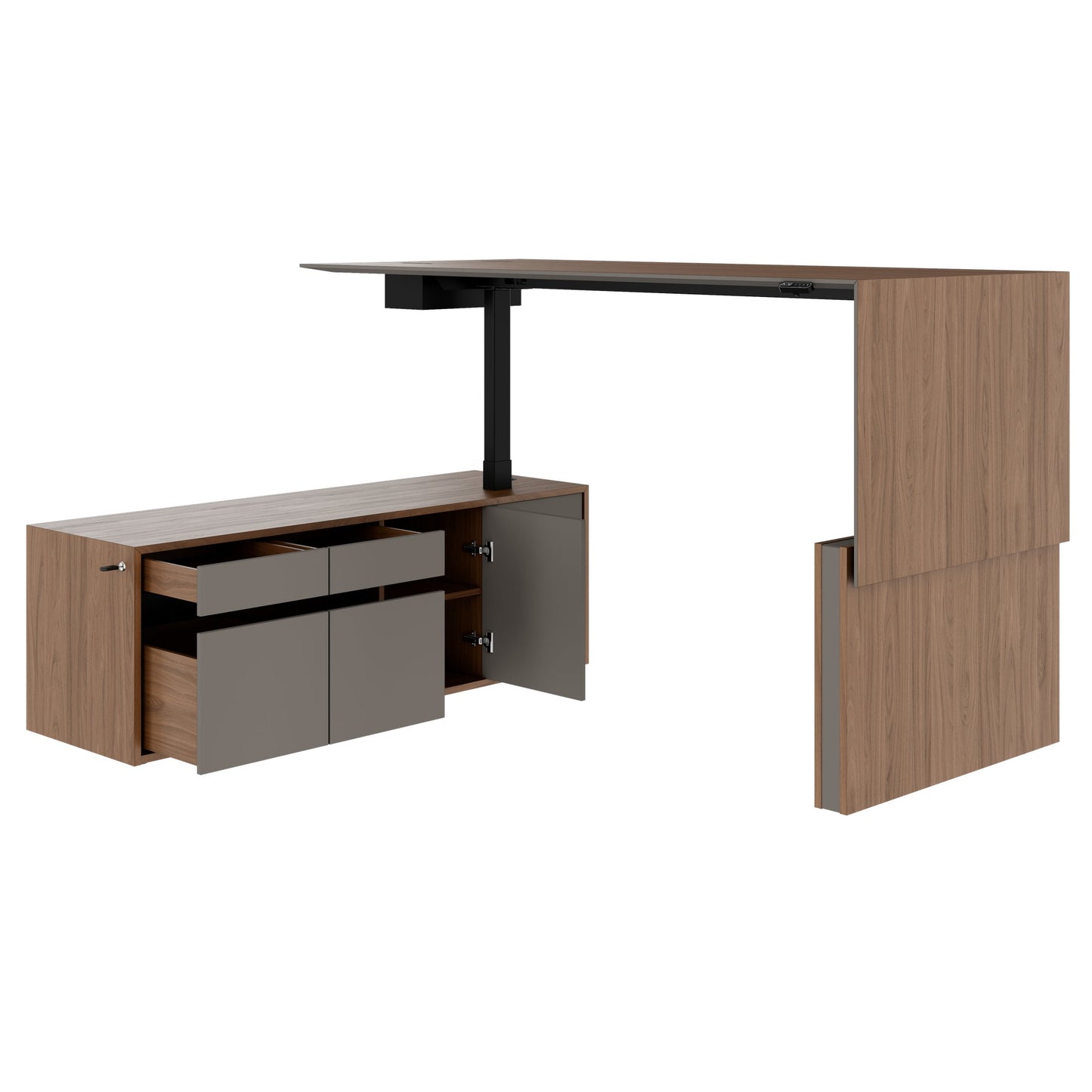 MOTION 2-Motoren-Schreibtisch mit Sideboard | Elektrisch höhenverstellbar, 2000 x 1800 mm, Nussbaum Furnier